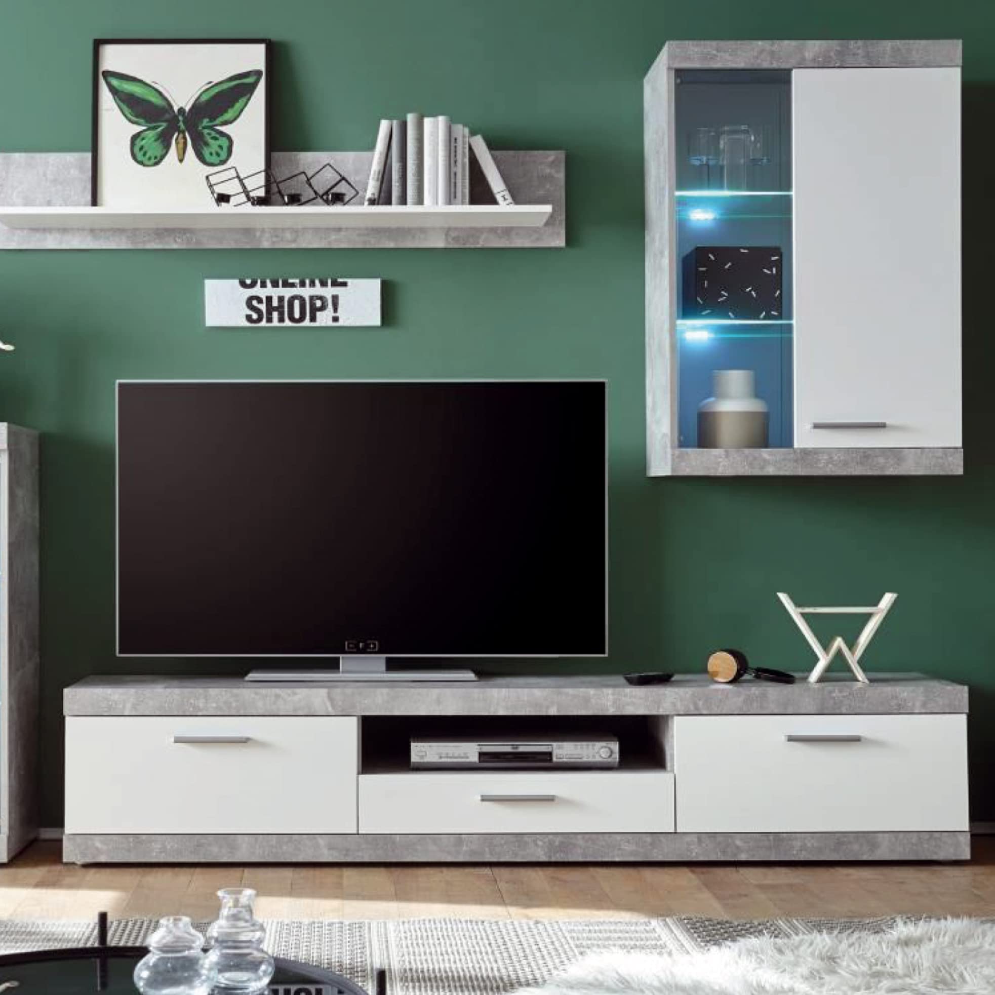 Homely - Mueble de Salón Modular EsCanar 245 cm | Conjunto 4 Muebles | Completo | Mueble para Televisión + Mueble Bajo + Mueble Alto + Estantería Alta | Color Gris Cemento y Blanco
