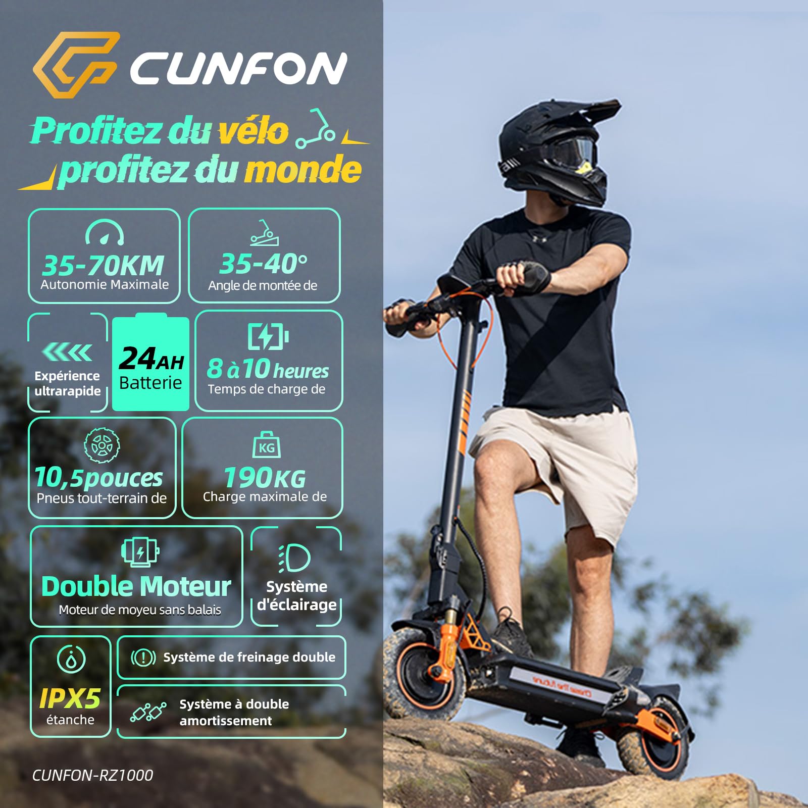 Trottinette Electrique Adulte RZ1000, Dual Motor, Autonomie 70km,1125Wh Batterie,Trotinette Electrique Pliable avec 10.5" Pneu Tout-Terrain,190kg Load,Fingerprint Unlock,Double Amortisseur, App
