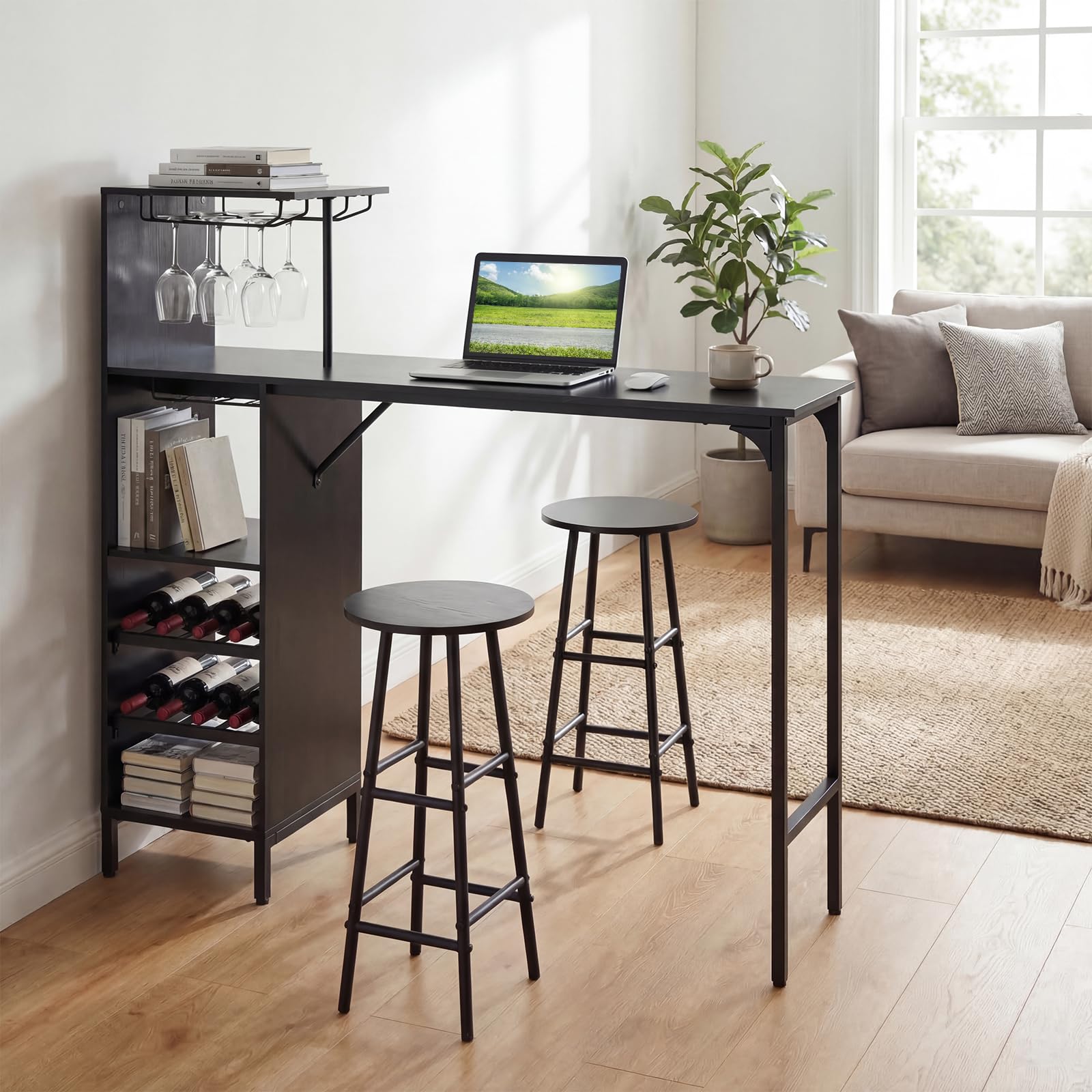 COSTWAY Set 3 Pezzi Tavolo e Sedie da Bar, Tavolo e Sgabelli da Pub Industriale con Porta Calici e 6 Portabottiglie da Vino, Set di Tavolo per Sala da Pranzo, Ristorante e Bar (Nero)