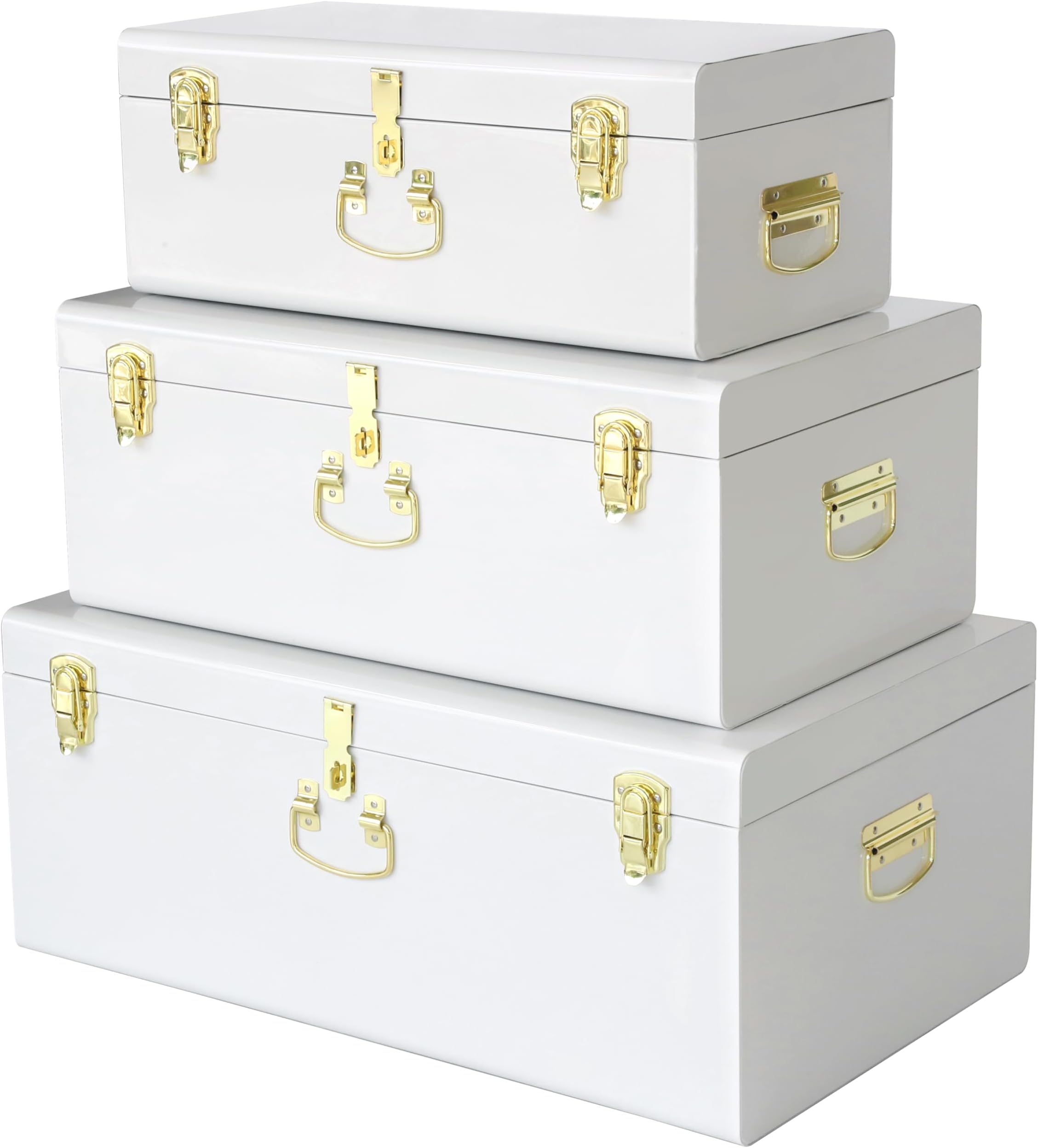 Vixdonos Decorative Box Set of 3 Metal Trunks Chest with Safety Lock Clasp for Treasure Organization and Home Dorm Decor,26.8x16.5x11Inches