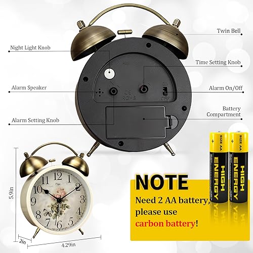 Miniatura 7 de Maxspace Reloj despertador de campana doble de 4 pulgadas, reloj despertador analógico retro de cuarzo silencioso sin tictac con luz nocturna, reloj