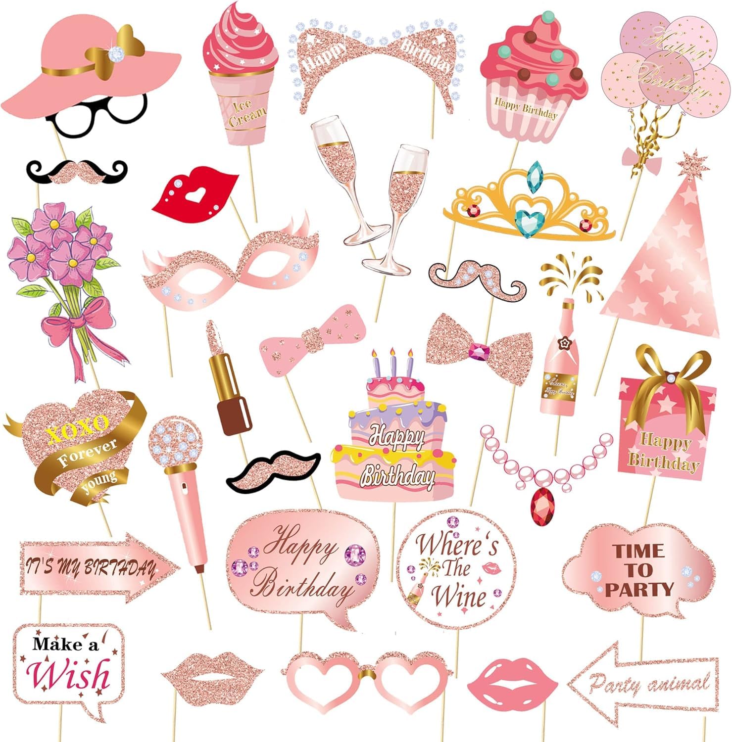 Pink Rose Gold Girl Birthday Photo Booth Props - 33 Pcs Girl Birthday Party Decorations, Sweet 16 Princess Theme Selfie Props Kit with Sticks, Compact Selfies Size