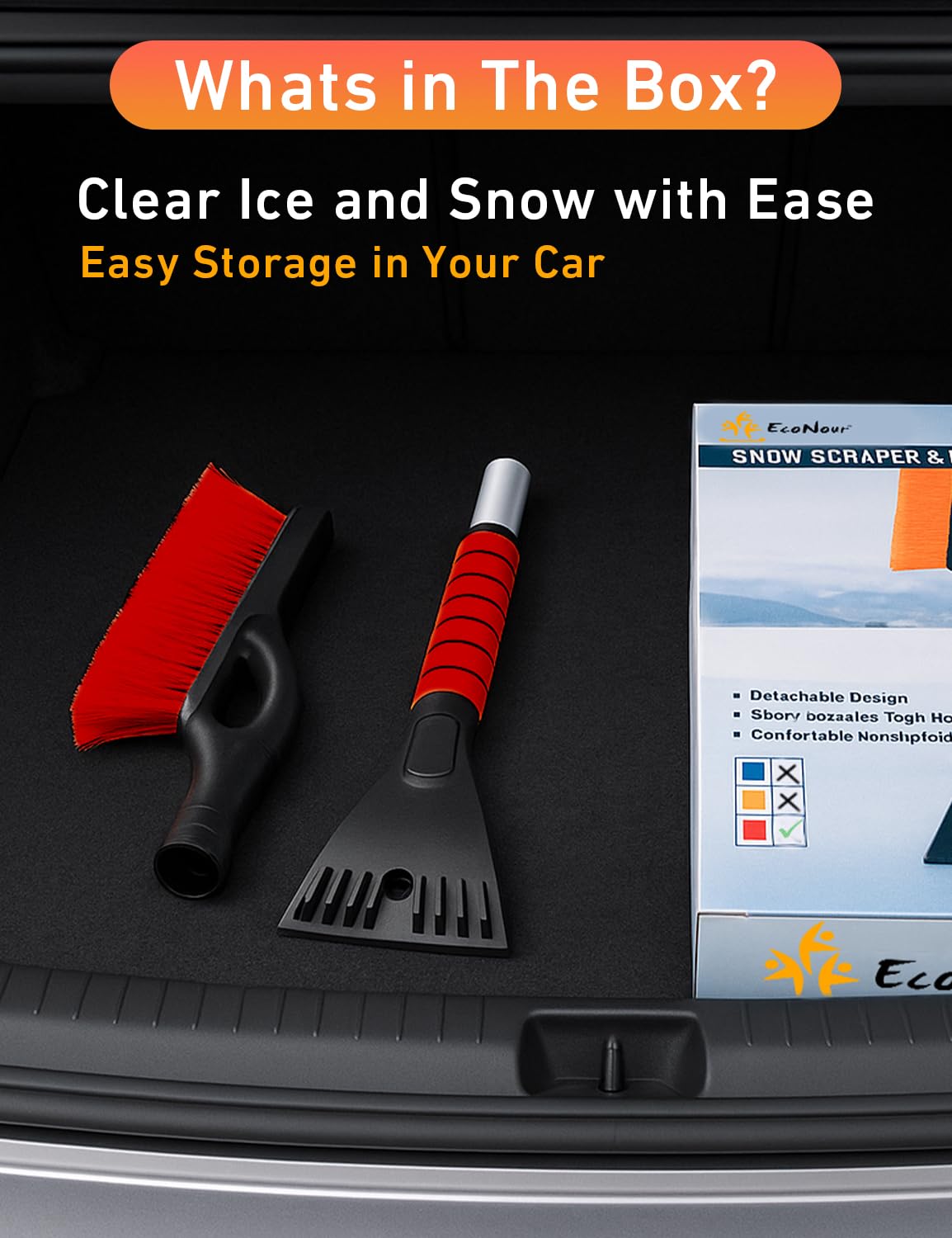 EcoNour 27" Aluminum Ice Scrapers for Car Windshield | Car Window Scraper and Snow Brush with Ergonomic Foam Grip Winter Accessories (Orange): Orange & Red 27"
