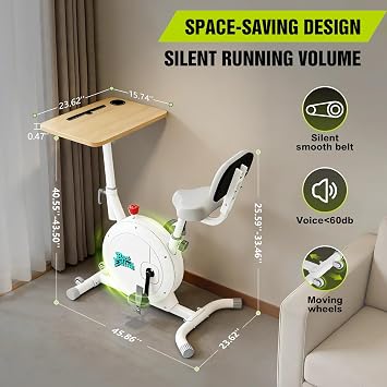Desk Exercise Bike with Laptop Tray, Stationary Bike with Tabletop Workstation, Adjustable Resistance Indoor Cycling Bike with Backrest, Quiet Home Office Fitness Bike for Cardio Training