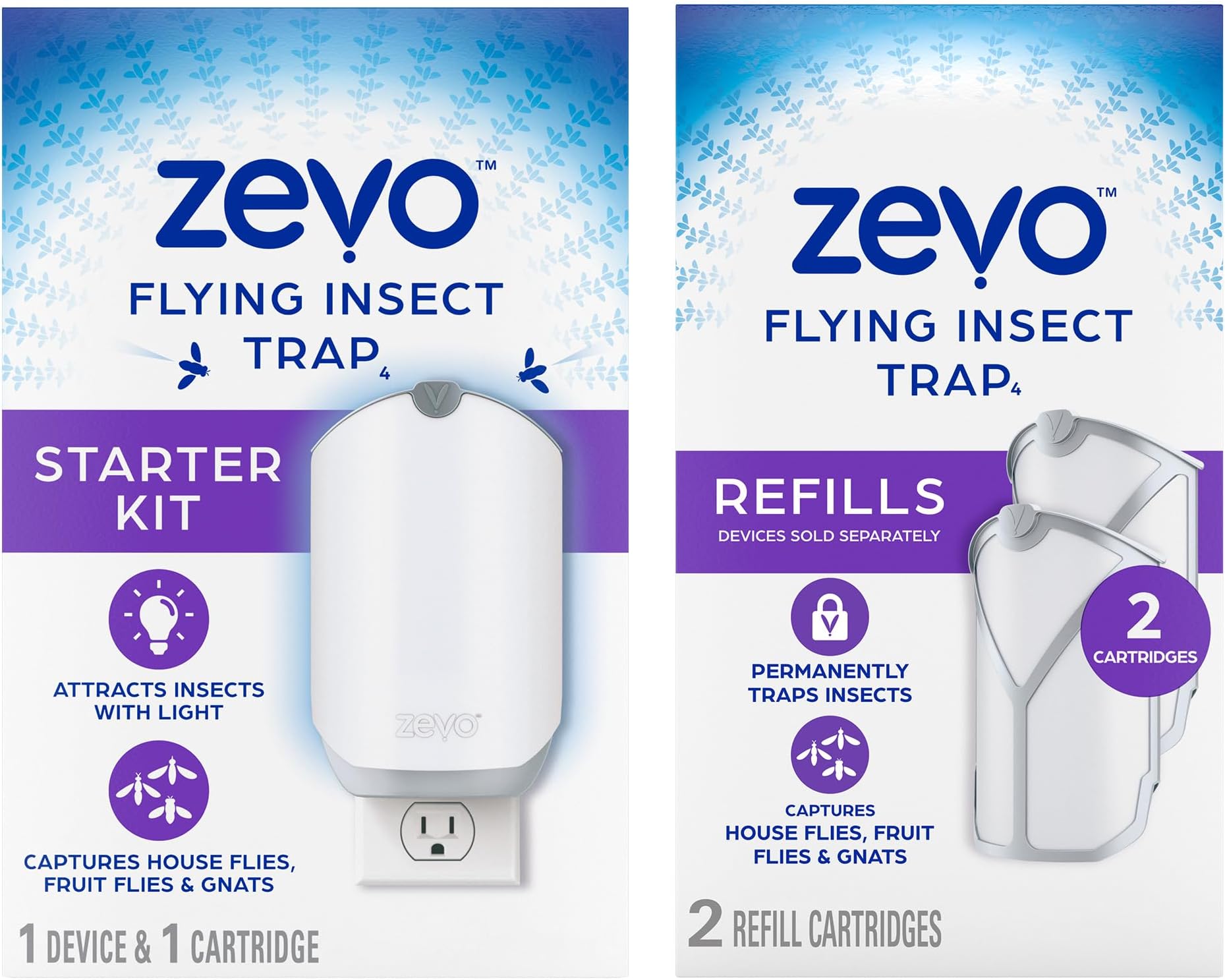 Flying Insect Trap for Indoors: Light Trap Captures Fruit Flies, Gnats and Houseflies, Starter Kit + Refills (1 Plug-in Base + 3 Cartridges)