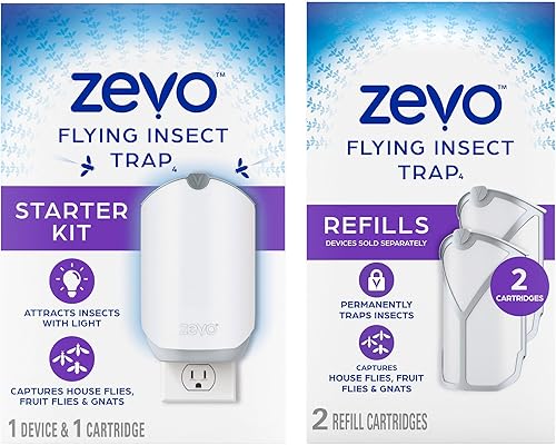 Zevo Trampa para insectos voladores para interiores: trampa de luz captura moscas de la fruta, mosquitos y moscas domésticas, kit de inicio +