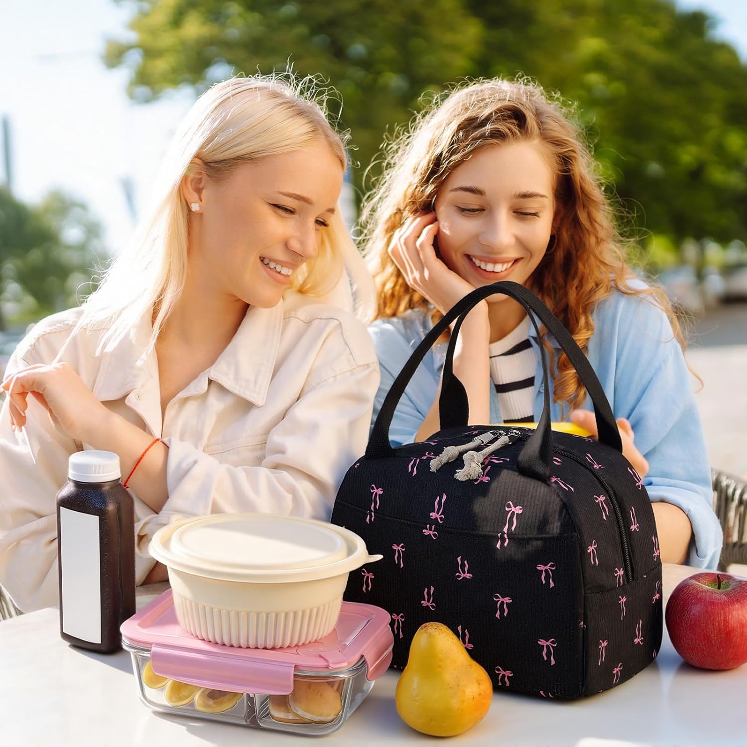 Black and Pink Bow Lunch Bag Cute Corduroy Insulated Pink Bow Lunch Box for Women Coquette Tote Bag Reusable Large Capacity Cooler Containers Preppy Stuff Gifts for Picnics Travel Outdoor - Image 7