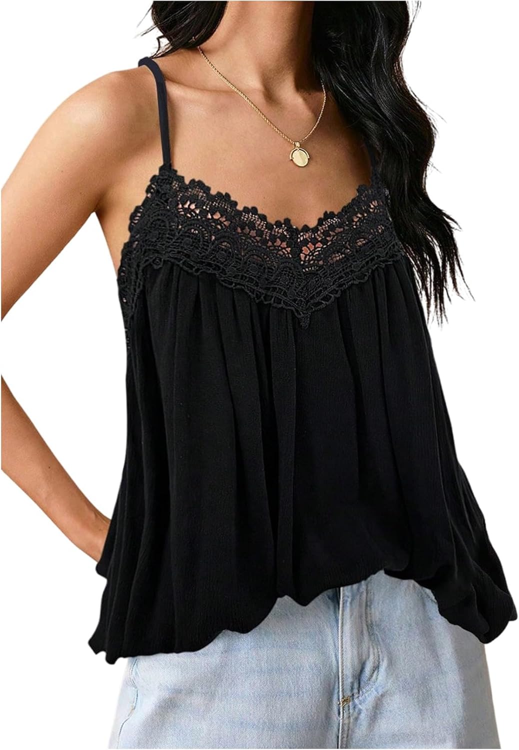 MakeMeChic Women's Flowy Lace Tops Summer Camisole Vacation Ruffle Backless Top