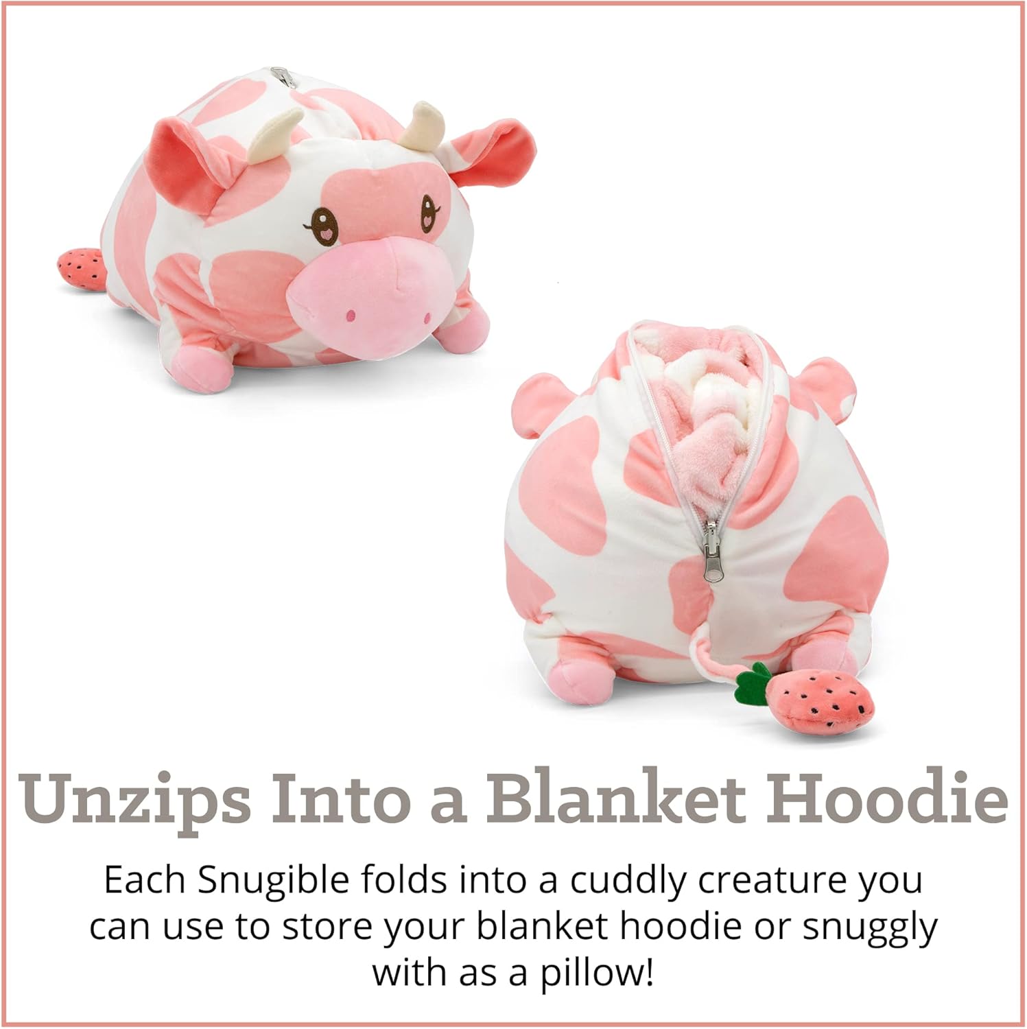 Plushible Wearable Hooded Blanket for Adults, Oversized Hoodie with Sleeves & Pocket, 2-in-1 Comfy Hoodie Blanket Pillow - Strawberry Cow