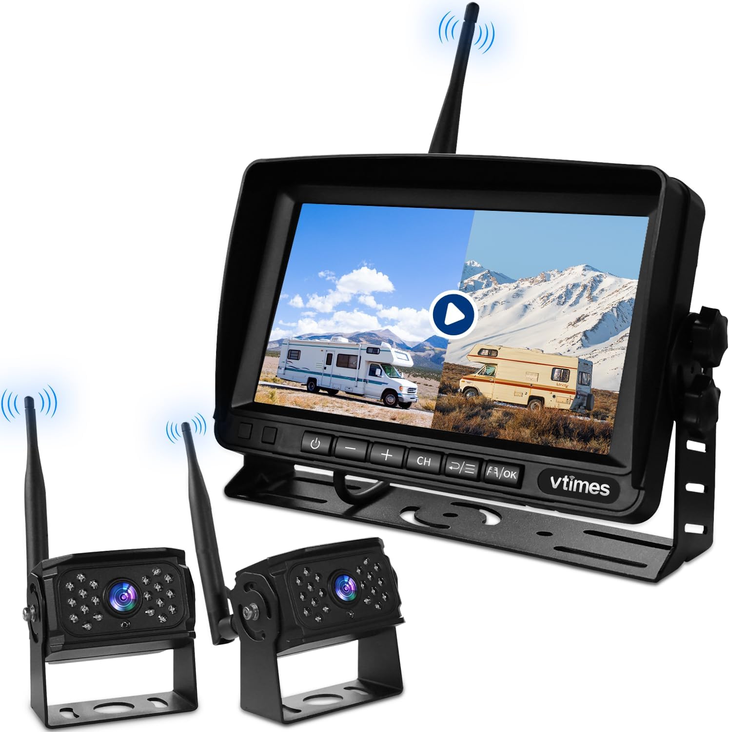 Wireless Backup Camera 2 Cameras, RV Backup Camera Wireless System with 7" Monitor for Truck, 4 Channels Split Screen, BSD Alert, 984ft Signal Range, IP69K Waterproof IR Night Vision, DIY Guide Lines