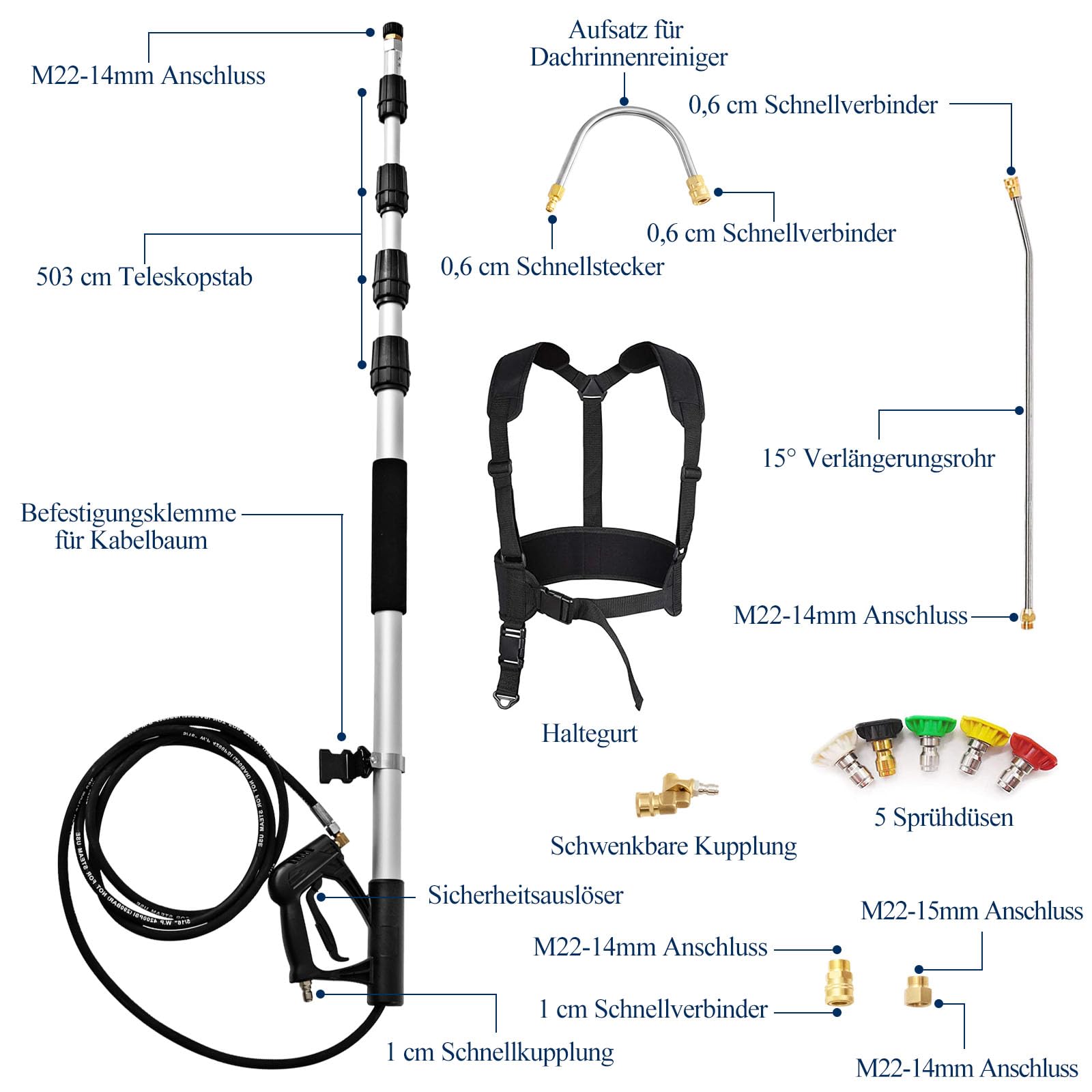 RELAX4LIFE Hochdruckreiniger Verlängerungsstab Set, Aluminium, Teleskopstrahlrohr bis 5,5 m, Teleskopsprühlanze mit 5 Sprühdüsen & 2 Schlauchadaptern & Stützgurt, Teleskoplanze für Dach & Fenster