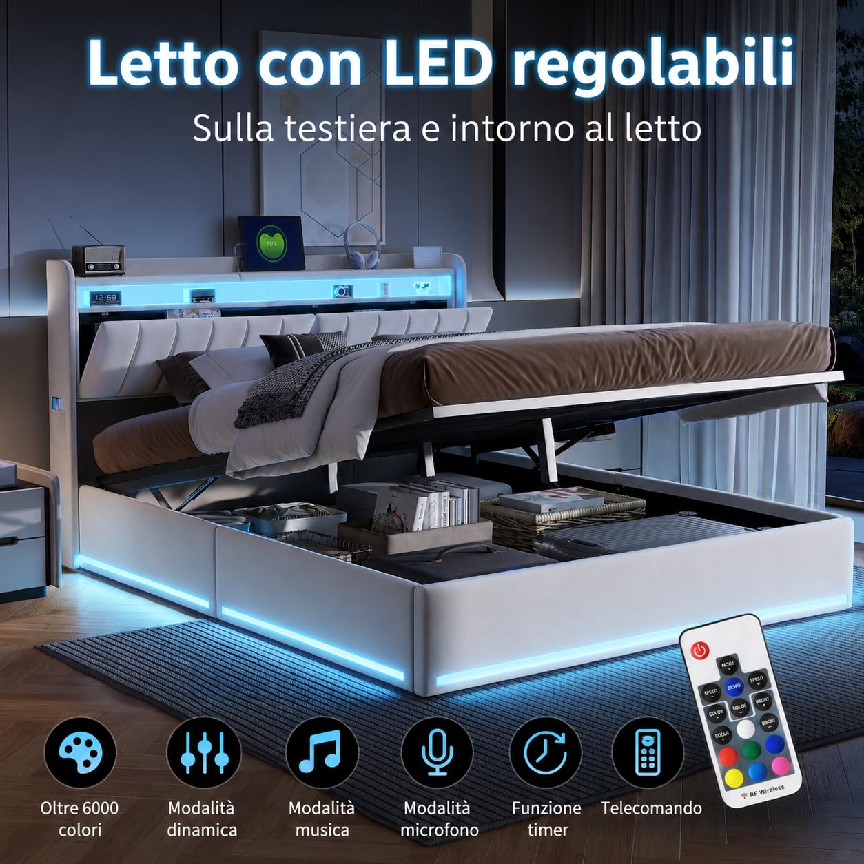 Letto imbottito 140x200 cm con Contenitore idraulico, Letto matrimoniale a LED con stazione di ricarica, Testiera in velluto, Struttura letto con rete a doghe (beige, 140x200 cm)