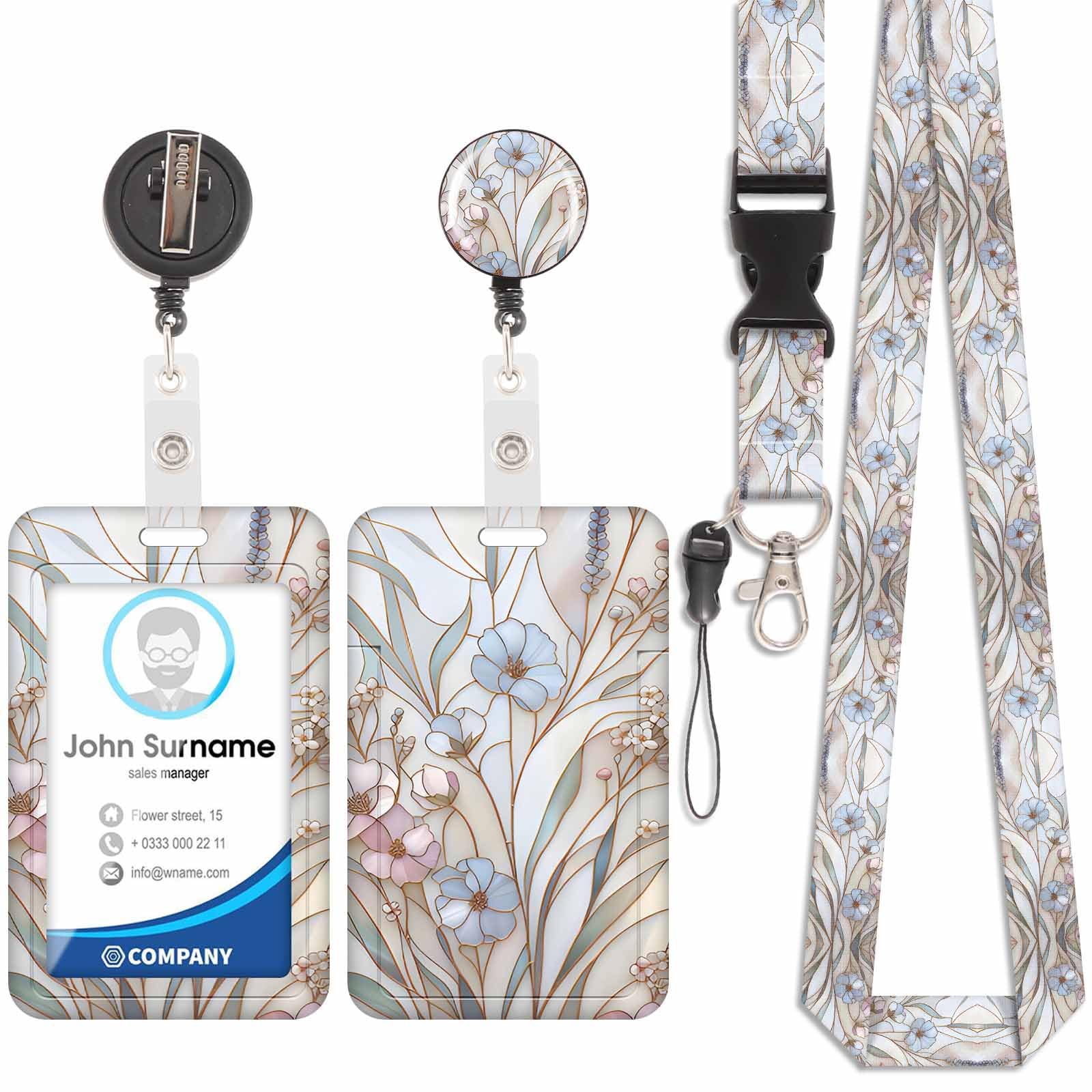 Badge Holder with Lanyard, ID Badge Holders with Detachable Cute Lanyard, Retractable Badge Reel Carabiner Clip, Personalized Card Cover Case Protector for Nurse Teacher Student (Glass-Flower-2)