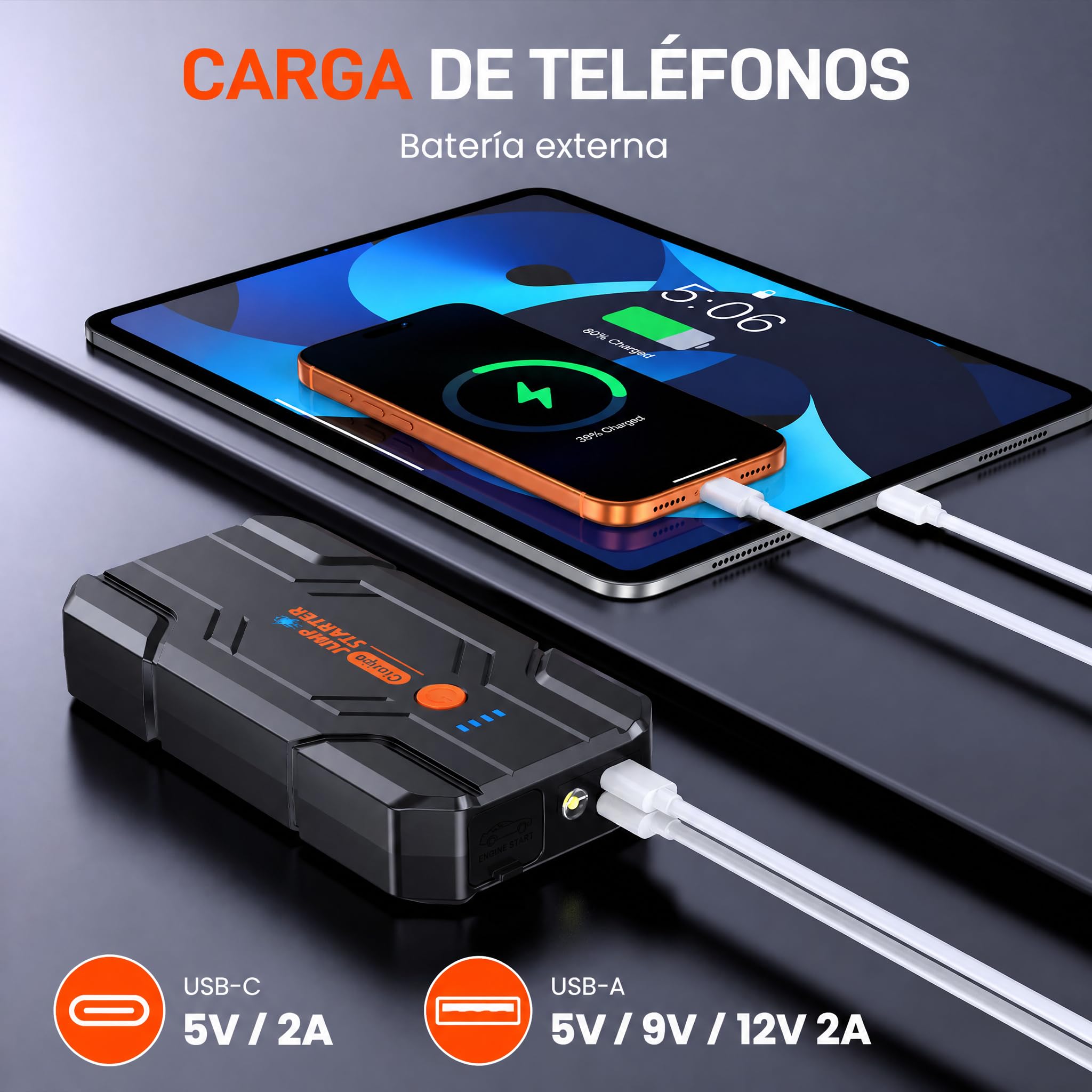 Arrancador de Baterias de Coche 𝟏𝟒.𝟖𝐕- 𝟖𝟎𝟎𝟎𝐀 Jump Starter para Motor 9.0L Gas o 8.5L Diesel, Power Bank Portátil con Carga Rápida QC3.0, Linterna LED y Pinzas Inteligentes | 𝟏𝟒.𝟖𝐕 Jump Starter , Power Bank Portátil con Carga Rápida QC3.0, Linterna LED y P