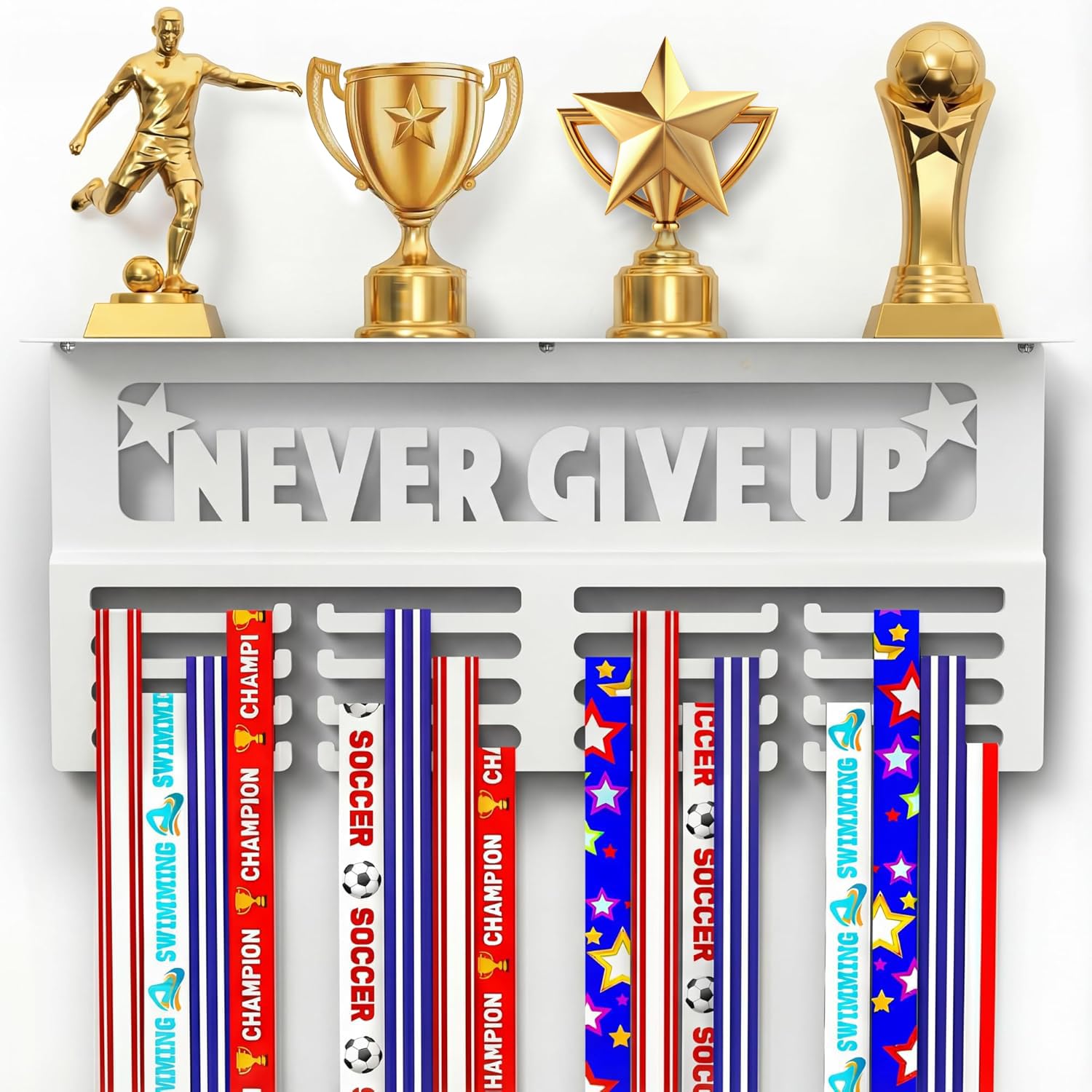 Colgador de medallas blanco con estante de metal para pared con capacidad para 64 trofeos deportivos