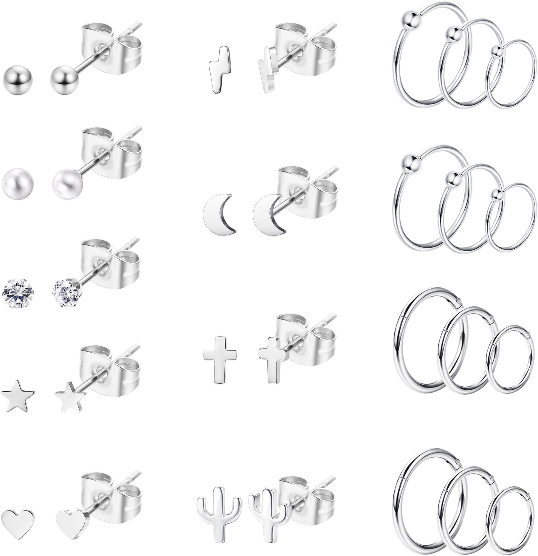 15 Pairs Stainless Tiny Steel Earring Studs Heart Moon Star Ball Geometrical CZ Tragus Cartilage Ear Hoops Piecring Jewelry for Women