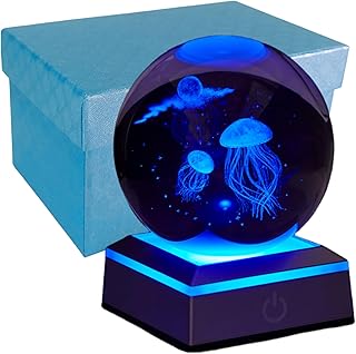 3D Jellyfish Crystal Ball Night Light, Upgraded 3.15 Inch Glass Ball Jellyfish Lamp with LED Base, Birthday Holiday Xmas Gifts for Boys Girls Friends (Jellyfish)