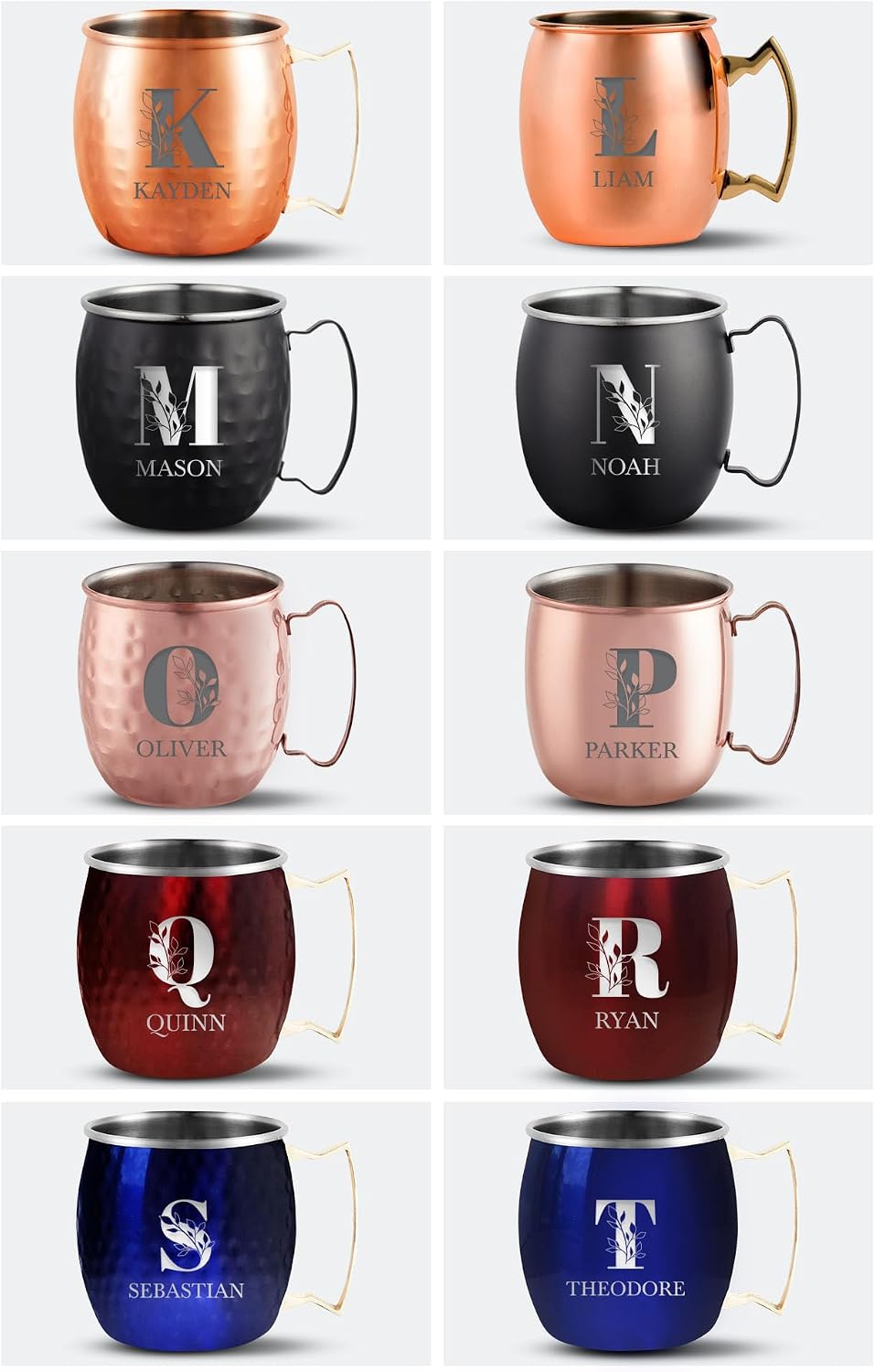 Personalized Custom Smooth Finish Black Moscow Mule Mugs with Custom Typography + Bay Leaf Engraved Bar Style Cup, 16 oz | Set of 4