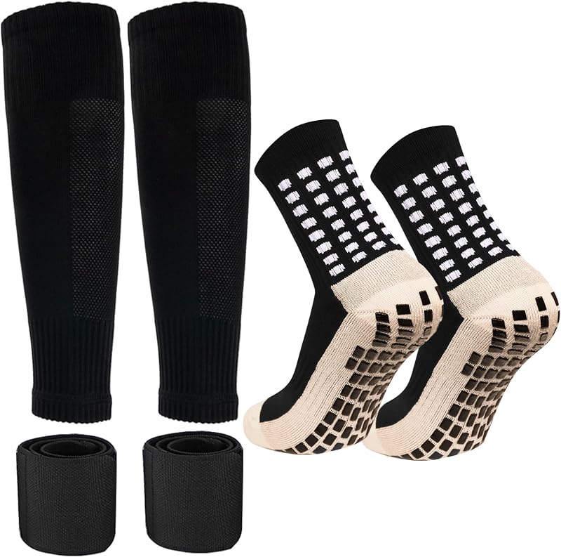 Men's Soccer Non Skid Ball Socks Anti Slip Grip Non Slip Socks, Shin Guard Sleeves Straps for Football