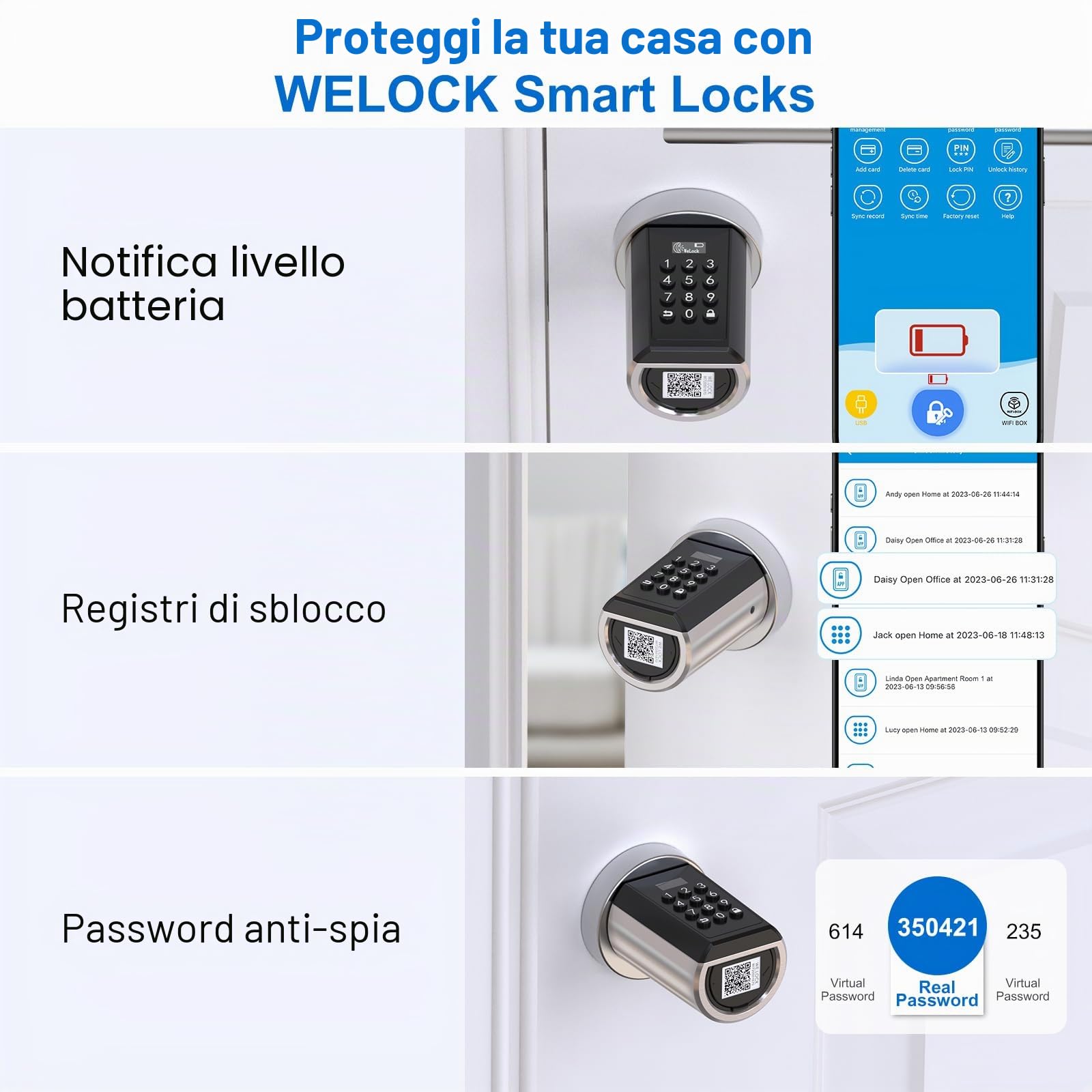 WELOCK Serratura Elettronica per Porta D'ingresso con Codice pin, Serratura Elettronica Impermeabile per Porta con Bluetooth e app, Adatta per Porte di Spessore Compreso tra 50 e 100 mm