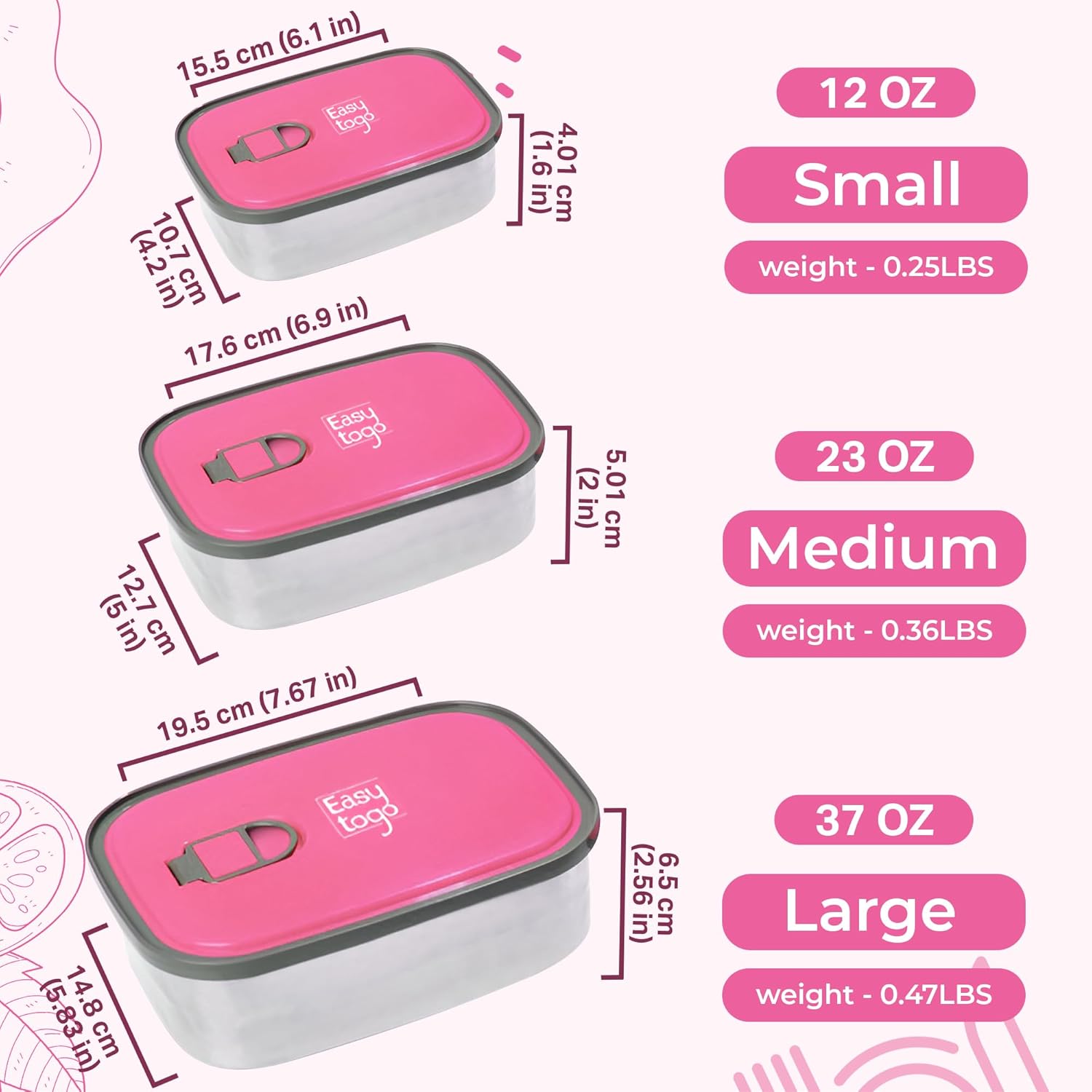 3-Pack Stainless Steel Lunch Containers – Airtight Leakproof Food Storage Boxes for Meal Prep, Snacks & Leftovers – 37oz + 23oz + 12oz, Pink Lid, Reusable Bento Set for Adults - Image 2