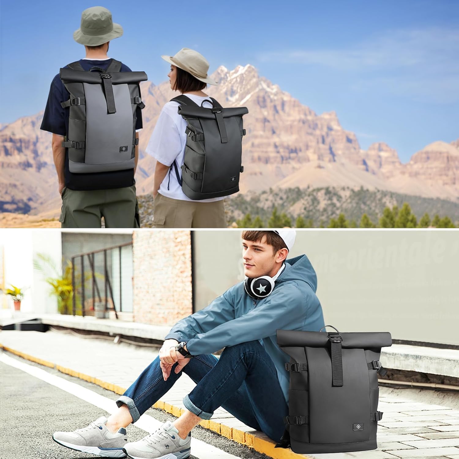 hk Rolltop Rucksack Herren Damen 15,6 Zoll Laptop Rucksack | Wasserdicht Groß Reiserucksack, Diebstahlsicherer Tagesrucksack Rolltop Backpack für Reise Outdoor Uni Arbeit Radfahren