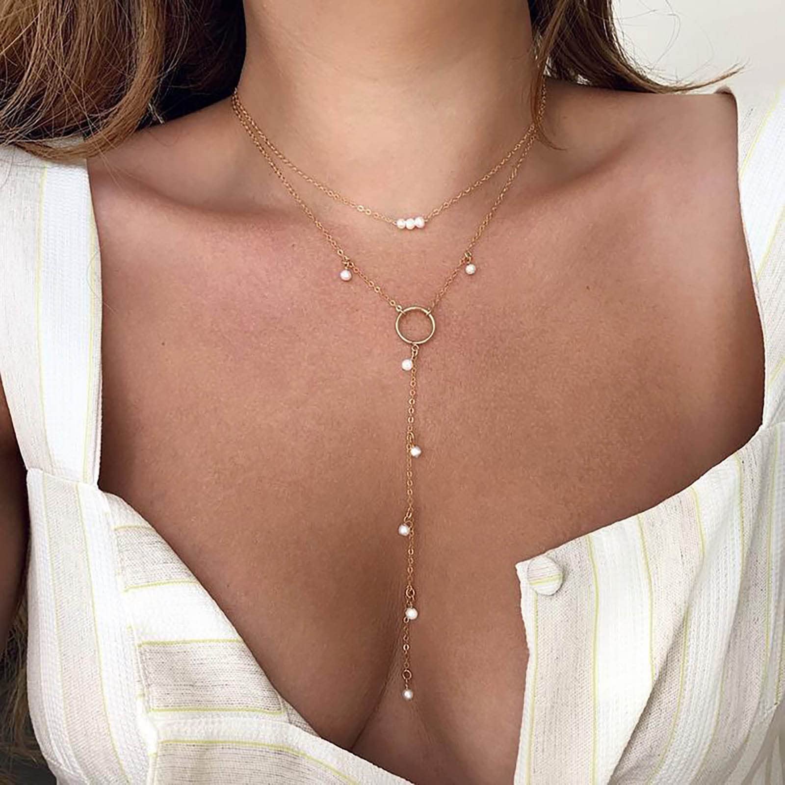 TseenYi Collar perlas capas Y Lariat Gargantilla Collar cadena colgante perlas doradas Collar perlas doble capa Y Drop Lariat Collar perlas nupciales Y Gargantilla Joyería boda para mujeres y niñas