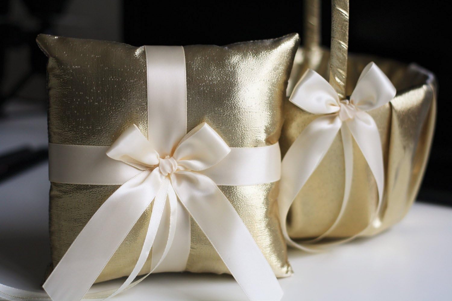 2 BASKETS & 1 PILLOW of Alex Emotions | Gold Collection | Gold Ivory Wedding Ring Pillow & Flower Girl Basket Set