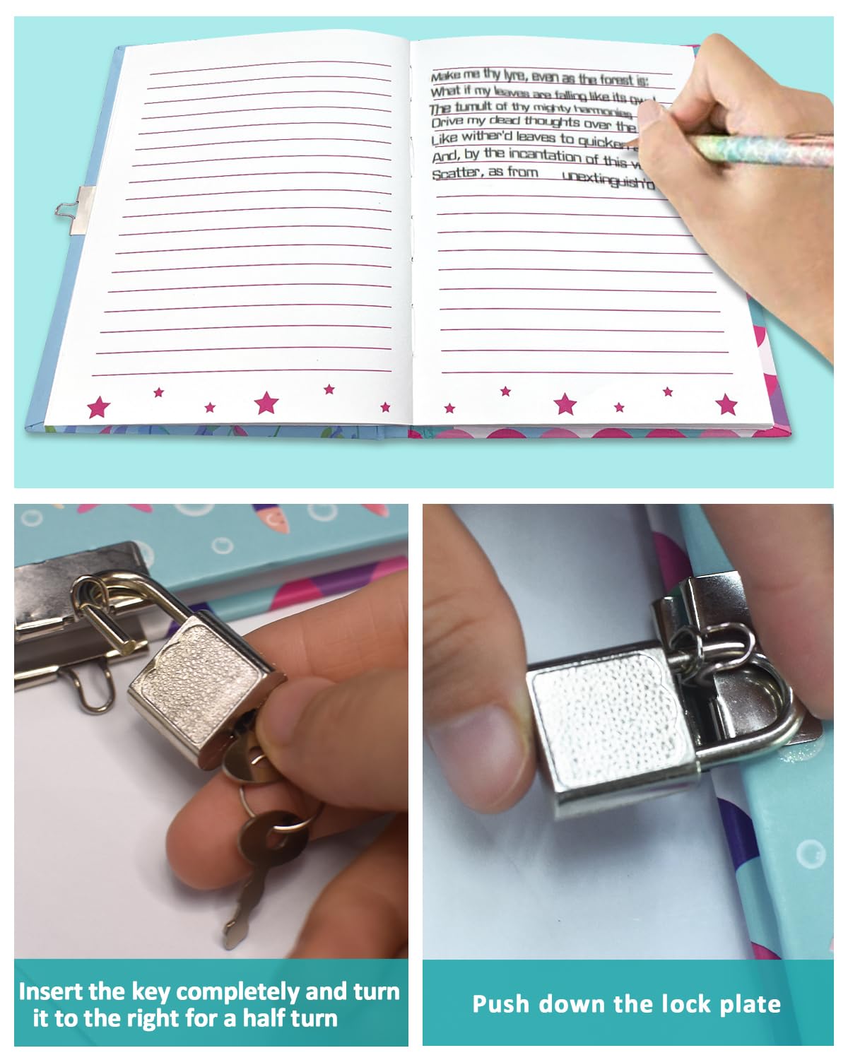 Diario Segreto Bambina con Lucchetto, 80 Fogli a Righe da 17,8 x 13,5 cm Paillettes Shakable Quaderno per bambino per la Scrittura Scolastica Sirena Regalo per Ragazze di età 6 7 8 9 10 11 12 Anni