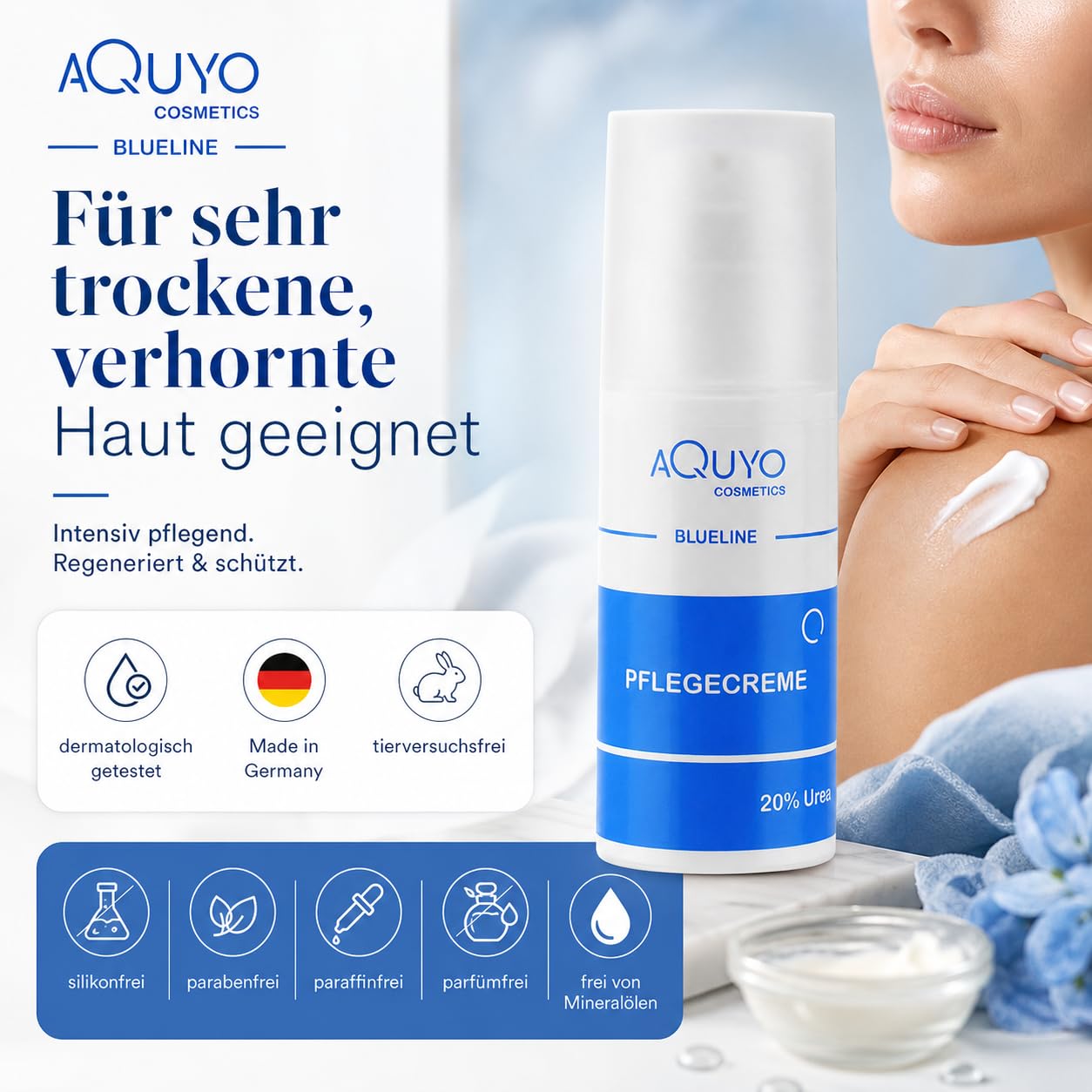 Blueline 20% Urea Creme, Schrundencreme für sehr trockene und verhornte Haut, Pflegecreme bei Schuppenflechte und Neurodermitis, Hornhaut erweicher und Hornhautentferner (100ml)