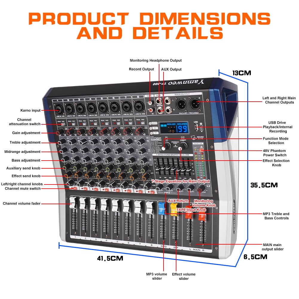 8-kanałowy mikser DJ ze wzmacniaczem – moc wyjściowa 650 W + 650 W, 99 efektów, nagrywanie / odtwarzanie USB, 7-pasmowy korektor, duży wyświetlacz widma, mikser audio, do występów na żywo/KTV