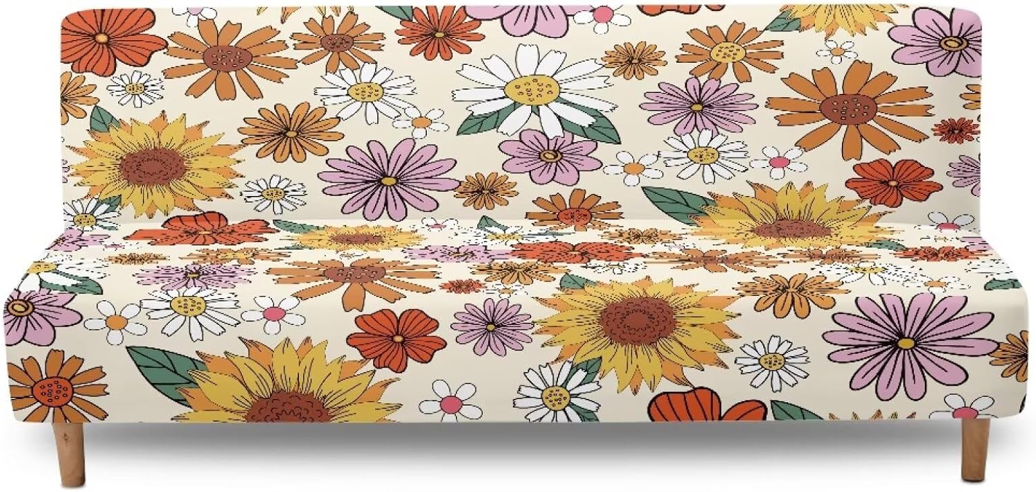 Armless Futon Slipcover Furniture Protector Stretch Futon Covers Folding Sofa Couch Bed Slipcover with Elastic Bands Colorful Cute Daisy Flowers