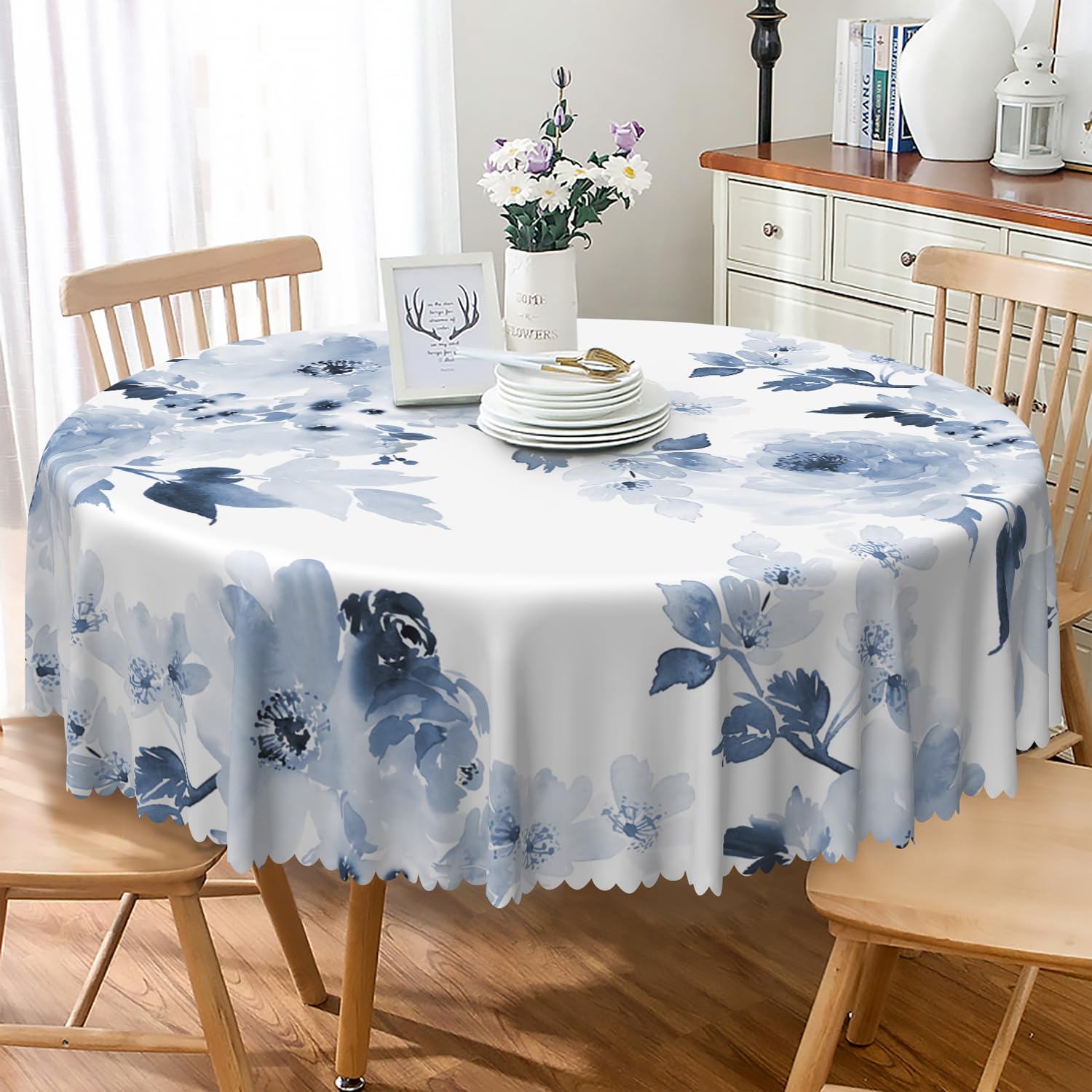 Mantel redondo floral azul acuarela de 60 pulgadas, estampado de flores azul marino y blanco, mantel circular de arte moderno, mantel de tela impermeable para el hogar, cocina, comedor, patio,
