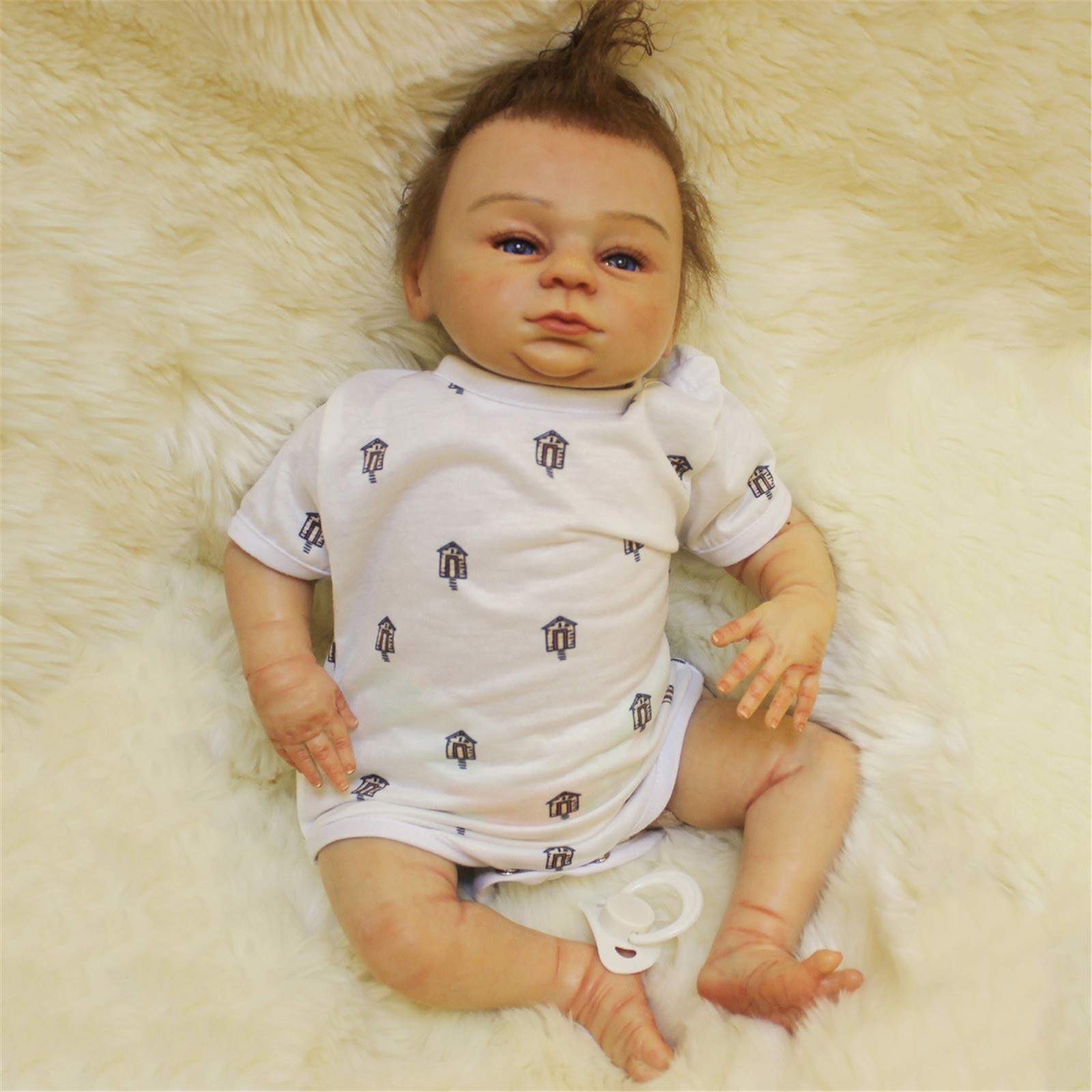 Silicone Newborn Doll 45Cm, Blue Pupils with Hair, Real Touch, Suitable for Children Shooting Movie Models