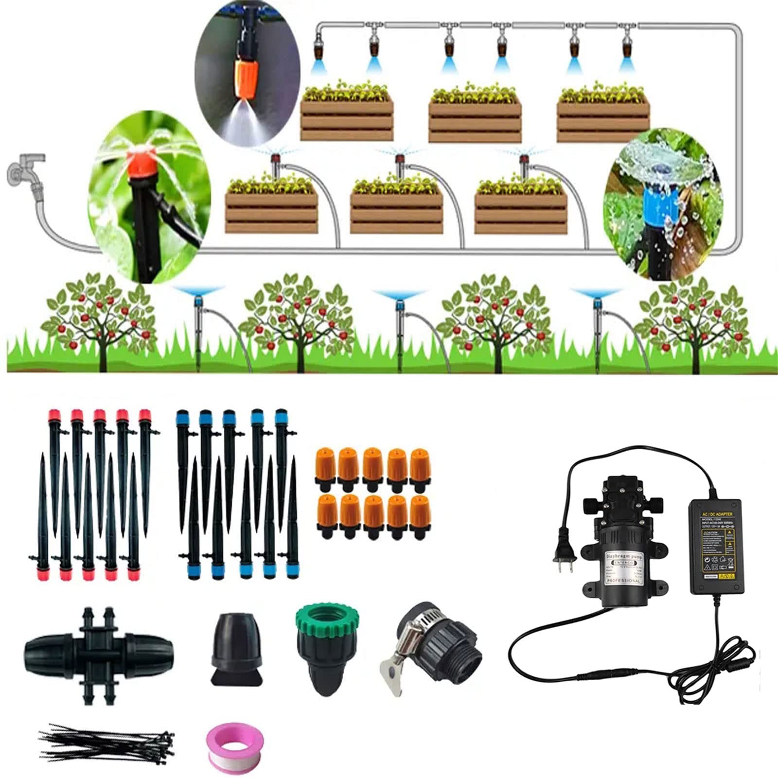 Kit di irrigazione a goccia, Kit di irrigazione a goccia automatica 30-60 m Dist. vuota. Pompa Tubing 3 Ugelli Prato Patio 160 mq(60m+60 nozzle)