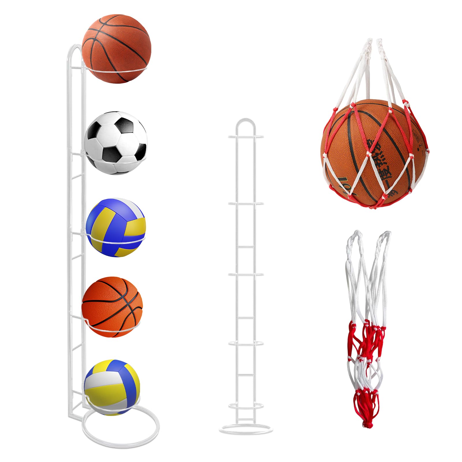 Soporte Balón Fútbol 5 Niveles Vertical con Bolsillo Malla Almacenamiento Hierro Extraíble Estable Baloncesto Fútbol Voleibol