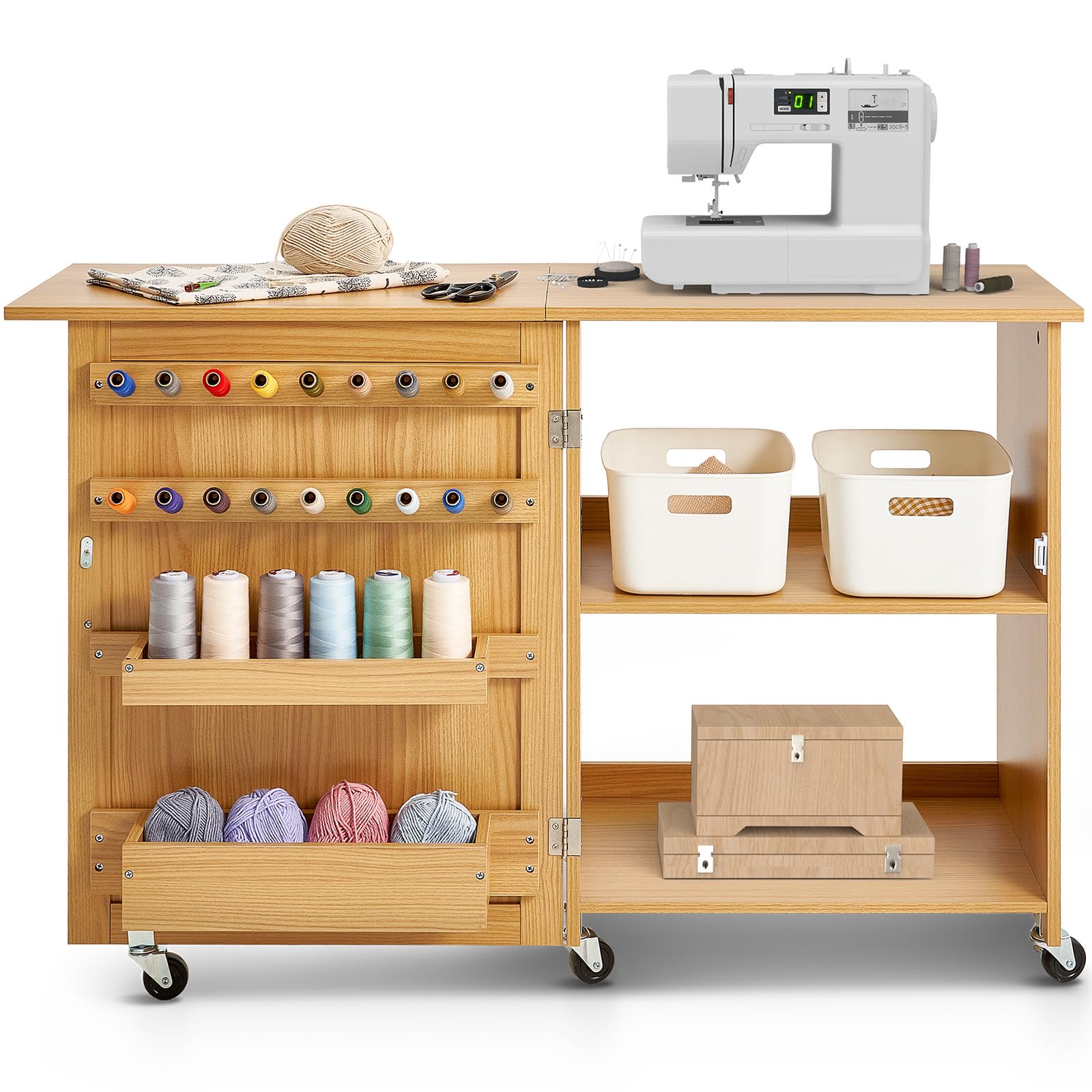 VEVOR Mesa de Costura Plegable Mesa Multiusos para Máquina de Coser con Diseño Compacto, Ruedas Bloqueables, Estantes, Bandejas de Almacenamiento, Clavijas de Madera y Puertas Magnéticas, Color Madera