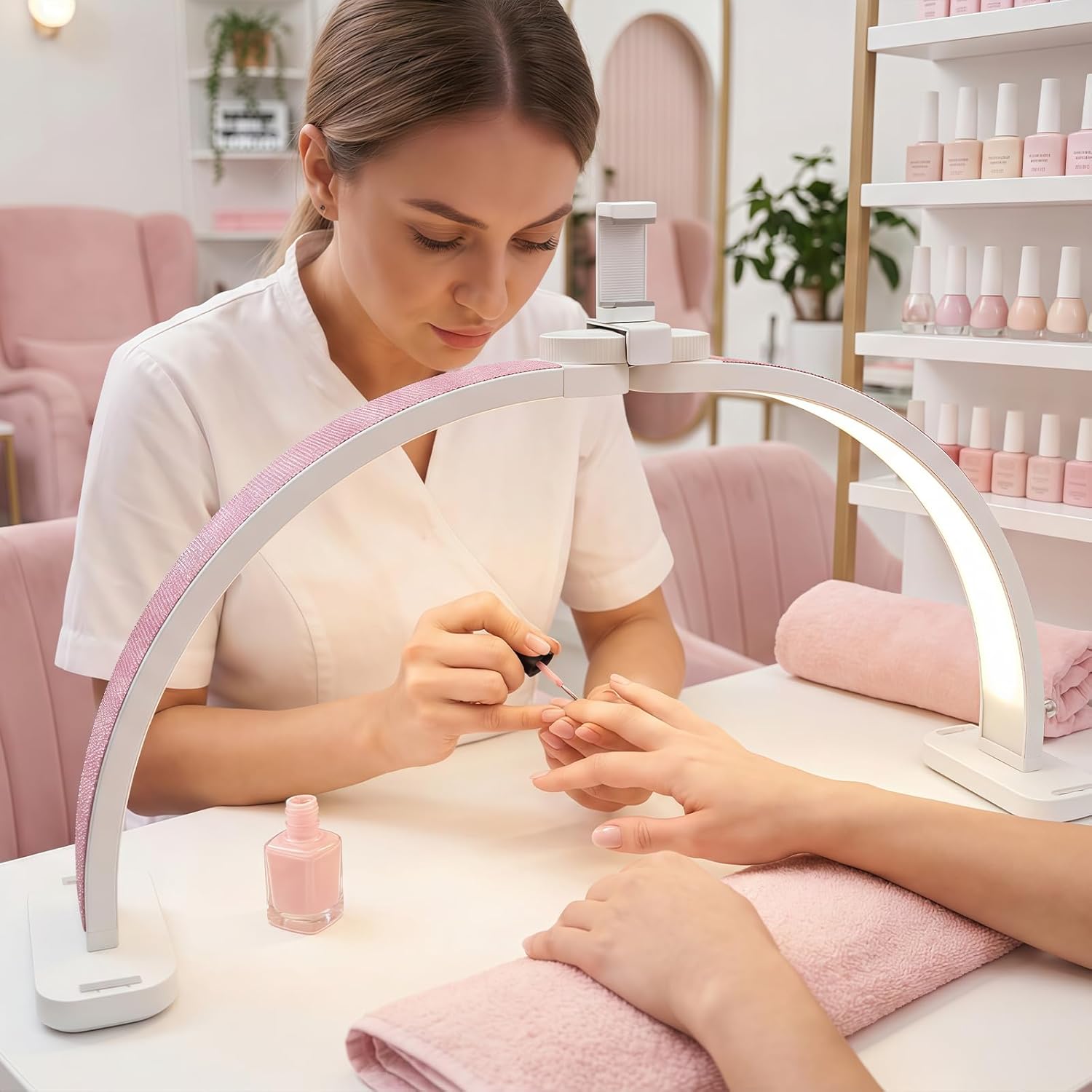 Half Moon Light for Nail Desk 31" Foldable LED Nail Desk Lamp with Phone Holder, Professional Nail Tech Light for Manicure & Beauty Studio