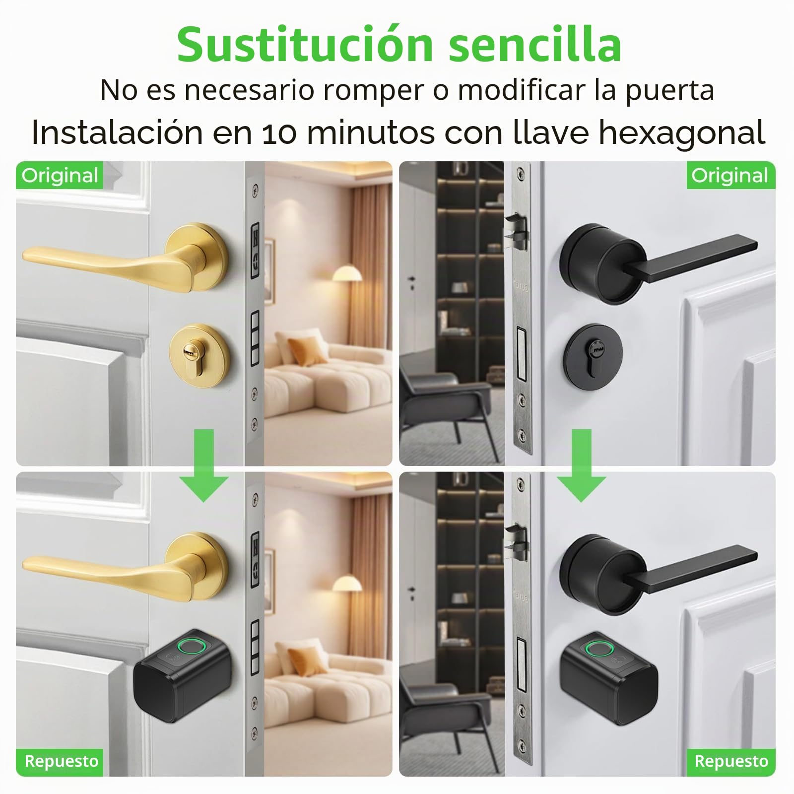 FITNATE Smart Lock - Cerradura electrónica para puerta con huellas dactilares, aplicación Bluetooth, RFID, contraseña y llave, ajustable de 60 a 80 mm para puerta de casa, 5 en 1
