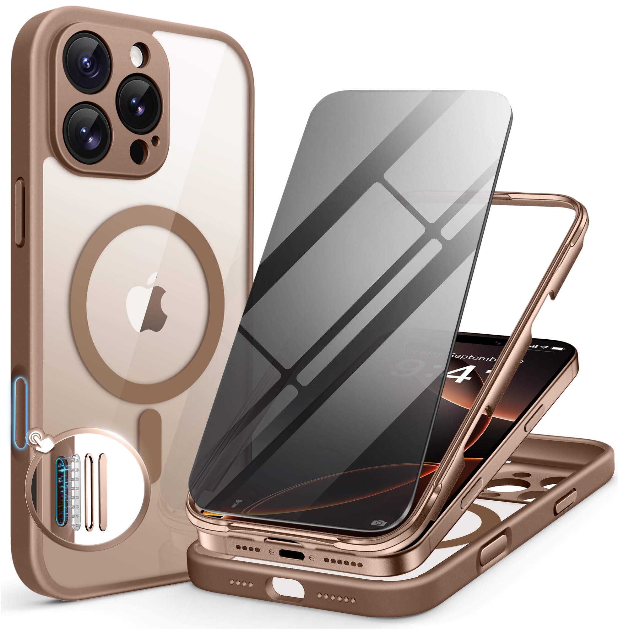 BERFY Magnetic for iPhone 16 Pro Max Case, Compatible with MagSafe, with Privacy Screen Protector, [Upgraded Camera Protection], 2-Layer Bumper Full Body Shockproof Phone Case 6.9", Desert Brown