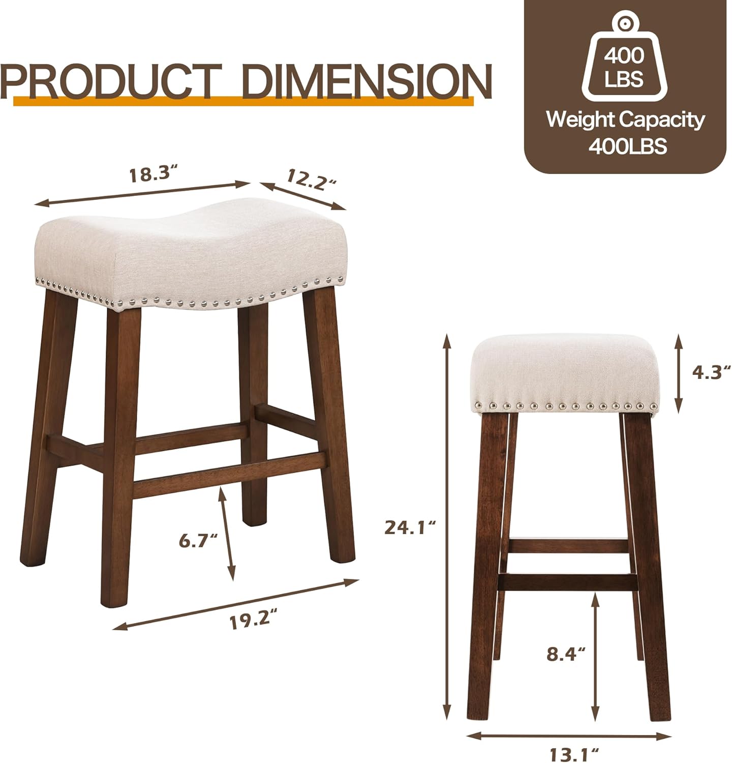 24" Counter Height Bar Stools - Modern Backless Kitchen Island Saddle Barstools Chairs with Footrest, Solid Wood Legs & Nailhead Trim Linen Fabric Cushion, Beige, Set of 4