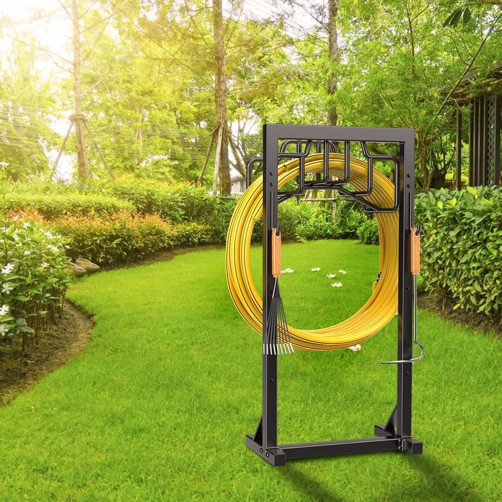 Skycarper Garden Hose Reel Holder Detachable Metal Water Hose Hanger Organizer Heavy Duty Free Standing Hose Stand (Deep Black)