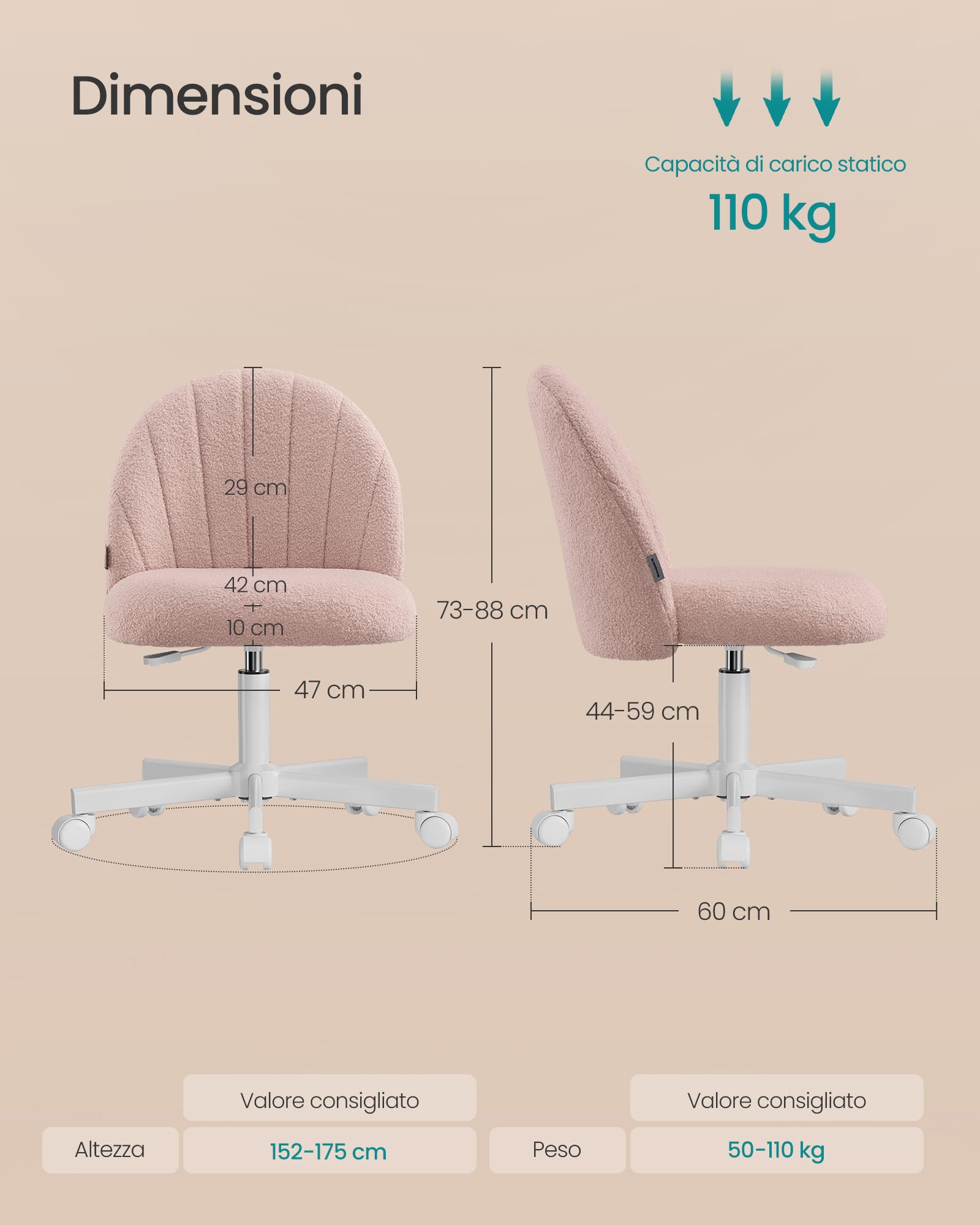 SONGMICS Sedia da Ufficio, Sgabello da Trucco in Tessuto Peluche, Sedia da Scrivania Imbottita in Gommapiuma, Regolabile in Altezza, Studio Camera da Letto Cabina Armadio, Rosa Pastello OBG027SA01