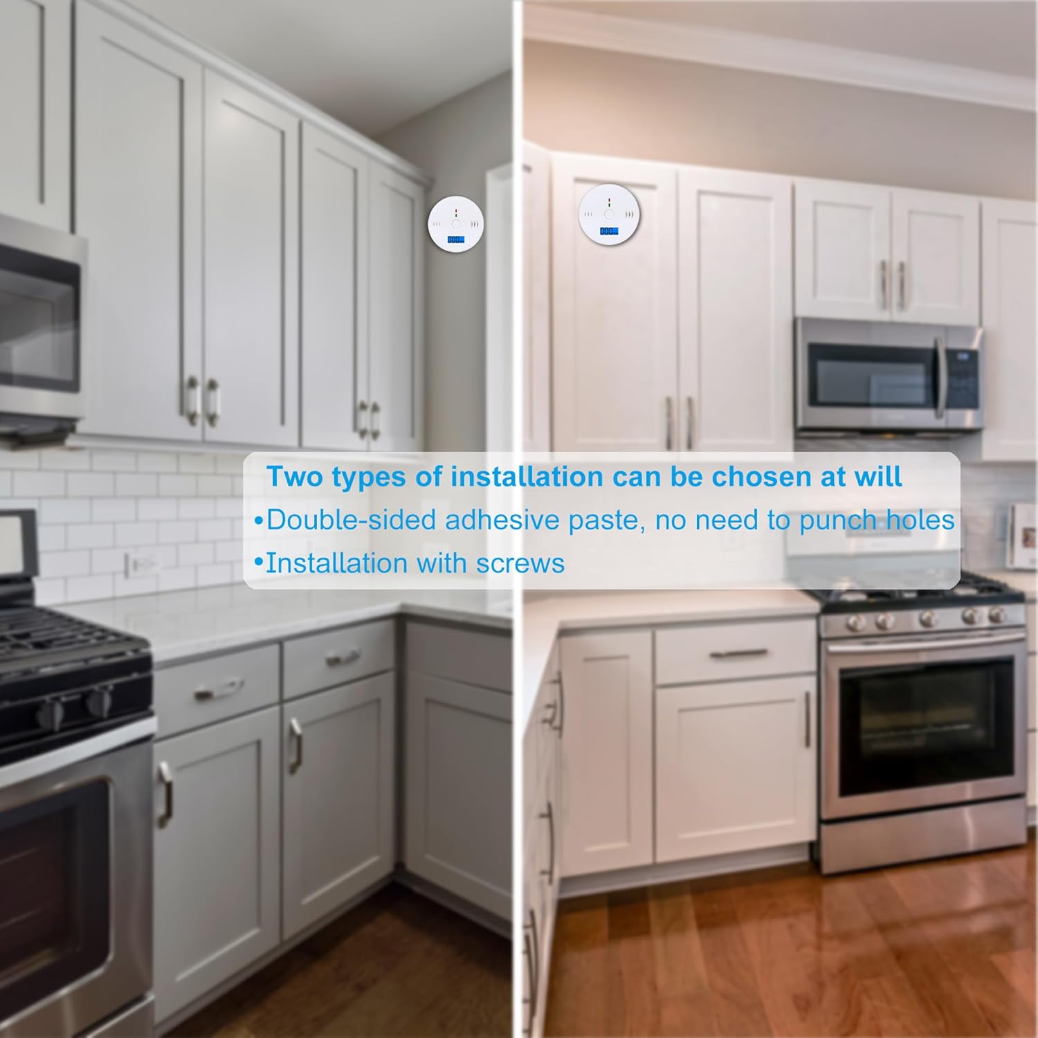 Two kitchen scenes showing the Reitch CO602 detector installed with adhesive and screws