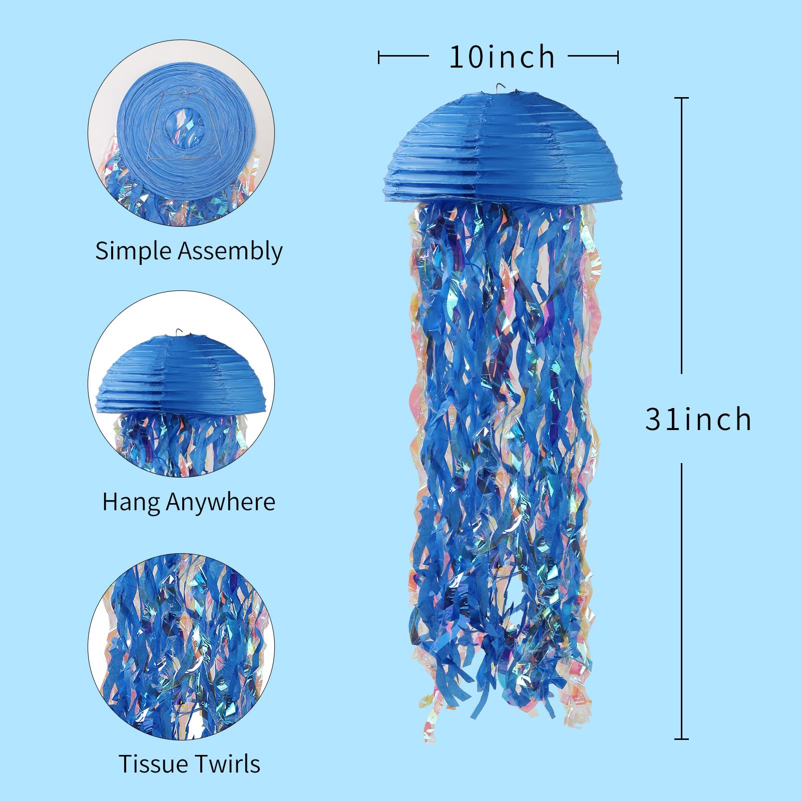 Kopesmsy Hanging Jellyfish Lanterns Gradient Blue 6 Pack - Ocean-Jellyfish Paper Lanterns Themed Decor for Under The Sea Mermaid Birthday Party Classroom & Aquarium Room Decor