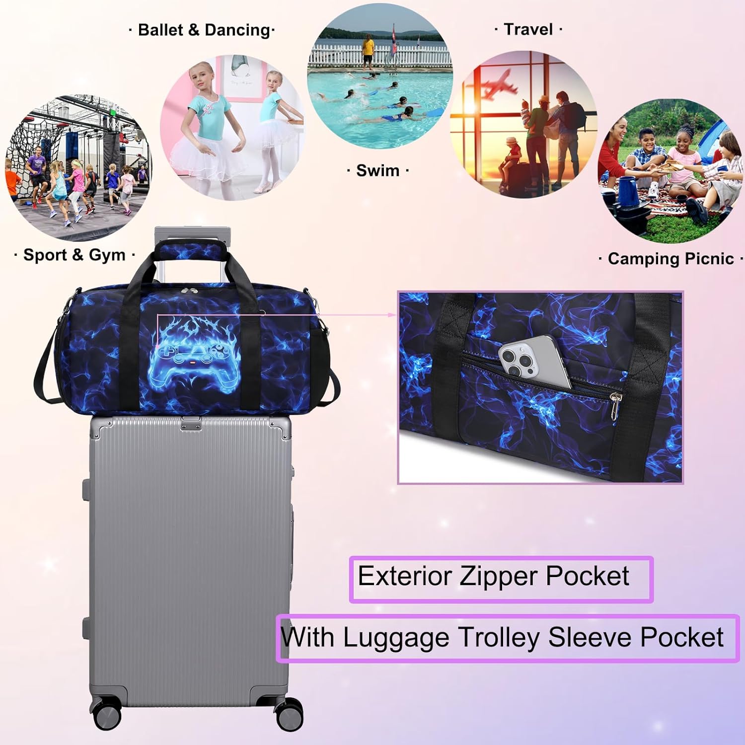 Duffle Bag for Boys Sport Gym Bag with Wet Pocket Shoes Compartment for Teen Boys Luminous Blue Flame Game Travel Bag Dance Bag