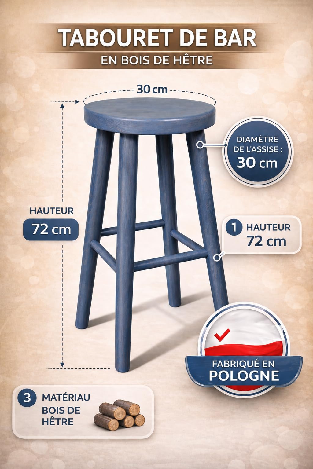 Magnetic Mobel Tabouret en Bois Solide Petit déjeuner pub Bar Cuisine Nouveau hêtre 60 cm (Brut)