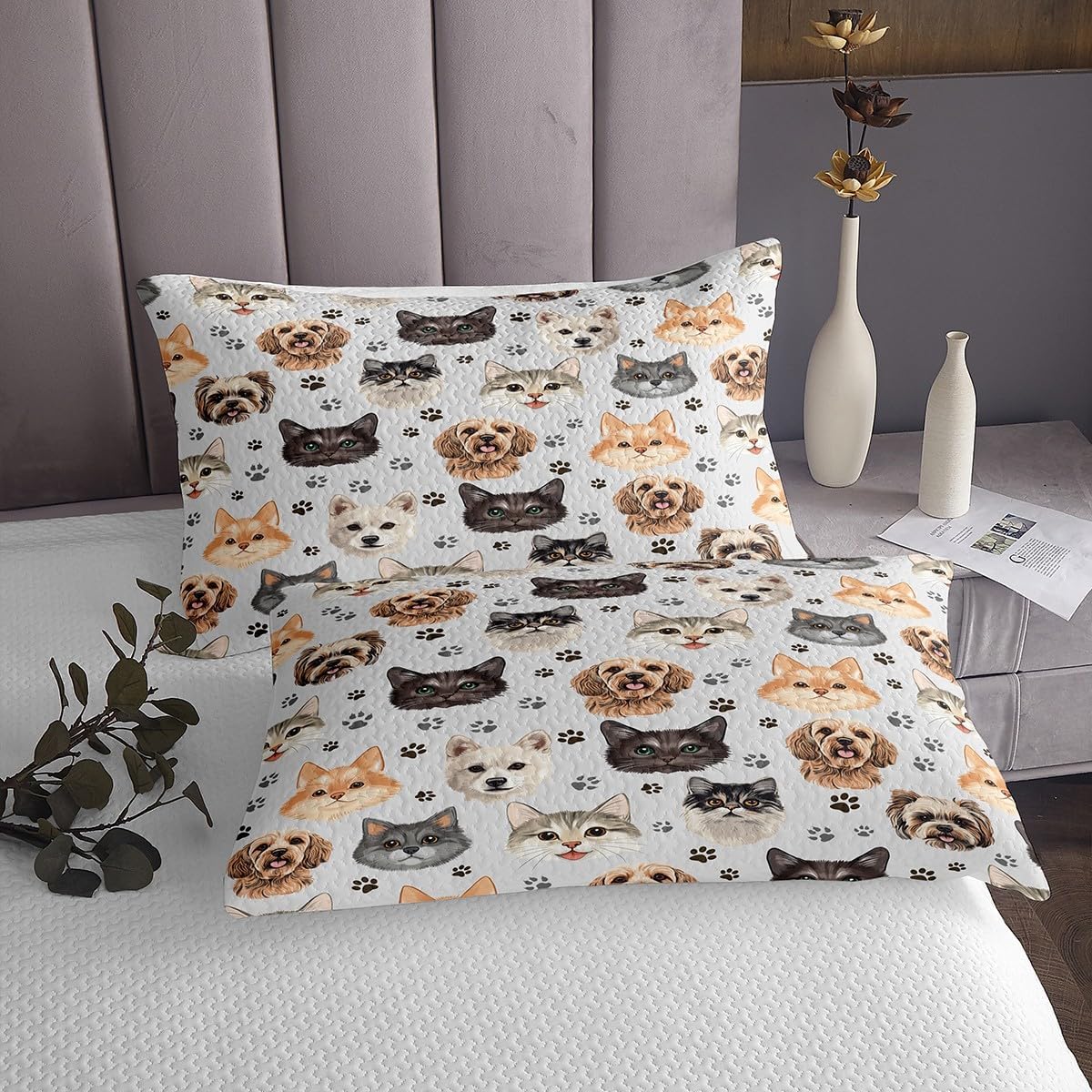 Homewish Cat Dog Bedding Set Full Size,Animal Paws Footprint Bedspread for Kids Boys Girls Room Decor,Cartoon Pet Animal Quilt 3Pcs,Cute Puppy Kitten Microfiber Coverlet Set,2 Pillowcases