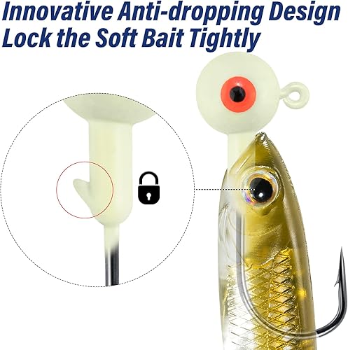 Miniatura 3 de Alwonder Paquete de 10 cabezas redondas de pesca, ganchos de róbala de lubina, ojos 3D, acero de alto carbono, 18-12 onzas, cabeza de plantilla de