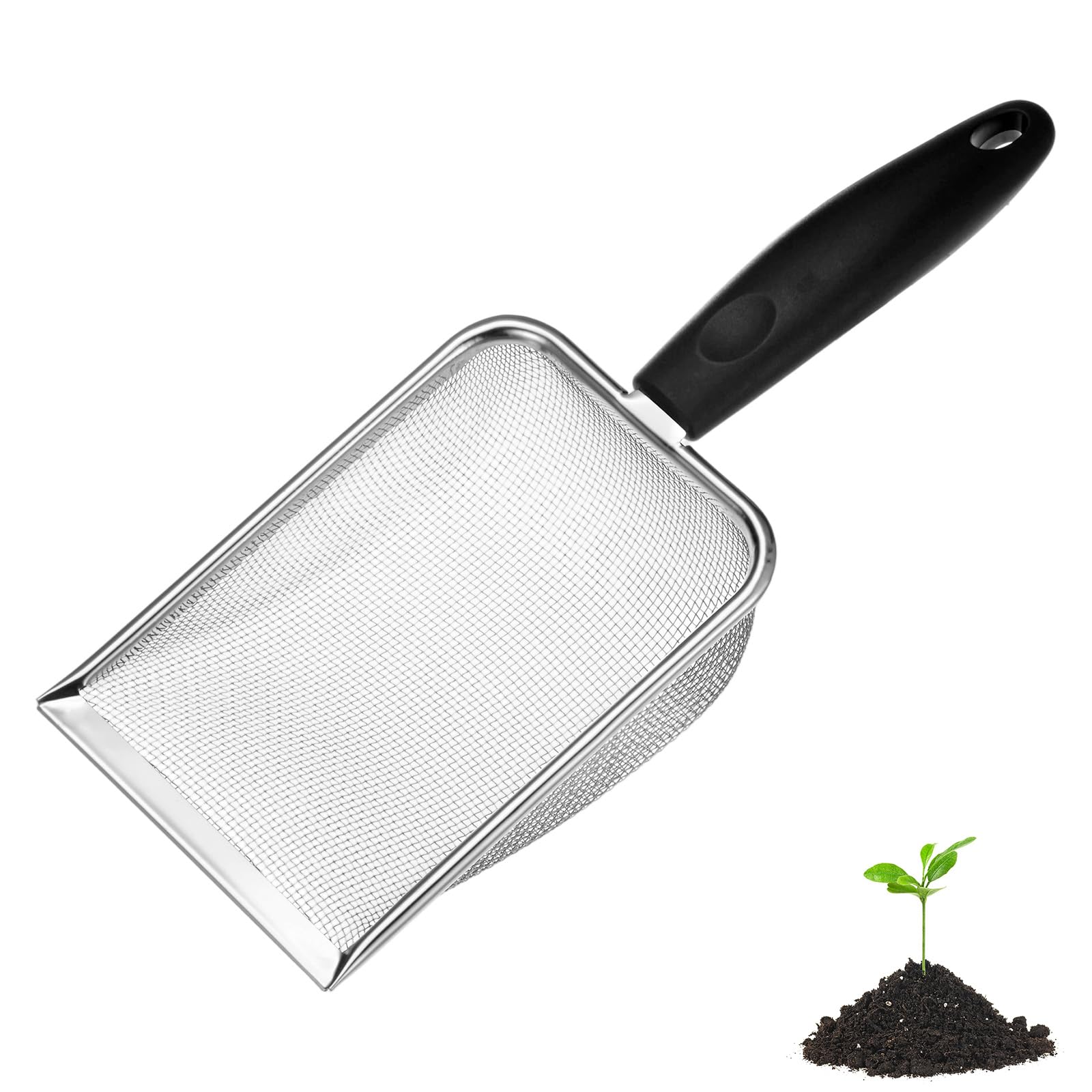 M METERXITY 1-Pack Gardening Soil Sifter, 1.5 mm Mesh Stainless Steel Portable Gardening Sifter with Plastic Handle for Sand/Dirt/Rock Compost [White, Black]